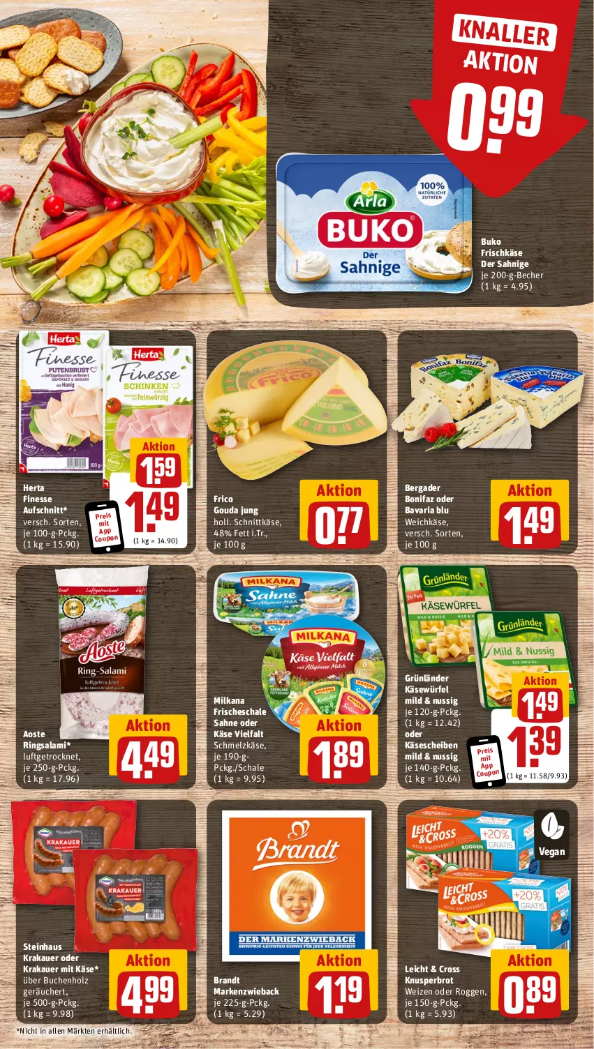 Aktueller Prospekt Rewe - Prospekte - von 31.07 bis 05.08.2023 - strona 11 - produkty: auer, aufschnitt, bavaria blu, Becher, bergader, bio, brandt, brot, buch, Buko, coupon, eis, finesse, frico, frischkäse, gouda, gouda jung, grünländer, herta, herta finesse, Holz, Käse, käse vielfalt, käsescheiben, krakauer, Markenzwieback, milka, milkana, nuss, reis, Ria, ring, sahne, salami, Schal, Schale, Schmelzkäse, schnittkäse, steinhaus, Ti, weichkäse, würfel