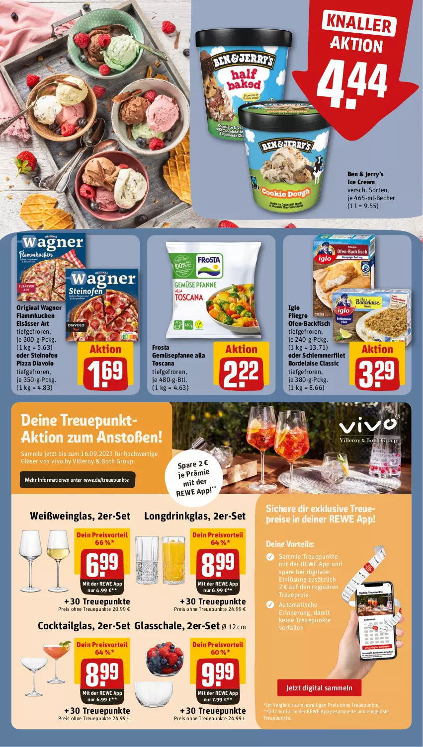 Aktueller Prospekt Rewe - Prospekte - von 31.07 bis 05.08.2023 - strona 13 - produkty: auto, backfisch, Becher, bordelaise, cocktail, drink, eis, elsässer art, filegro, filet, fisch, flammkuchen, frosta, gin, Gläser, iglo, kuchen, lamm, LG, Ofen, ofen-backfisch, original wagner, pfanne, pizza, preisvorteil, reis, Schal, Schale, schlemmerfilet, steinofen, steinofen pizza, Ti, tisch, wagner, wein, Weißwein