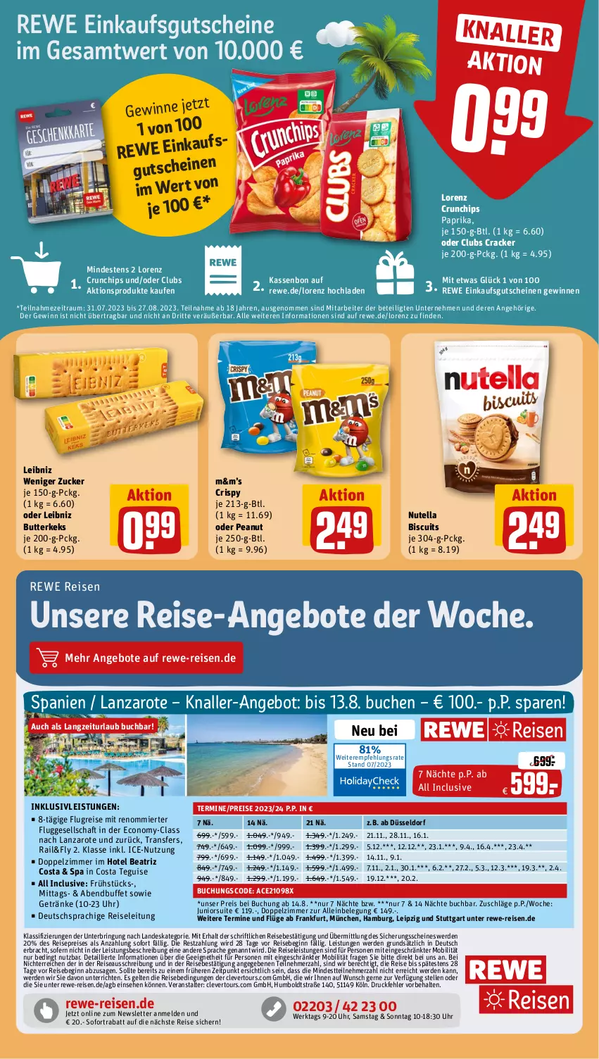 Aktueller Prospekt Rewe - Prospekte - von 31.07 bis 05.08.2023 - strona 15 - produkty: angebot, angebote, buch, butter, butterkeks, chips, cracker, crunchips, deutschsprachige reiseleitung, eis, elle, erde, getränk, getränke, gin, gutschein, gutscheine, inklusivleistungen, keks, leibniz, lorenz, lorenz crunchips, nutella, paprika, reis, ring, sofortrabatt, Ti, uhr, zucker