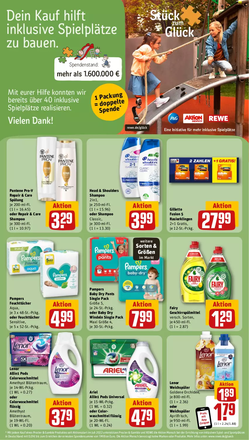 Aktueller Prospekt Rewe - Prospekte - von 31.07 bis 05.08.2023 - strona 17 - produkty: aqua, ariel, Bau, Blüte, colorwaschmittel, coupon, eis, fairy, feuchttücher, geschirr, geschirrspülmittel, gillette, lenor, lenor weichspüler, lion, orchidee, pampers, pampers baby dry, pantene, pantene pro-v, Pants, Pods, pril, pro-v, Rasierklinge, rasierklingen, reis, shampoo, Sport, spülmittel, spülung, Ti, tücher, waschmittel, weichspüler, windeln