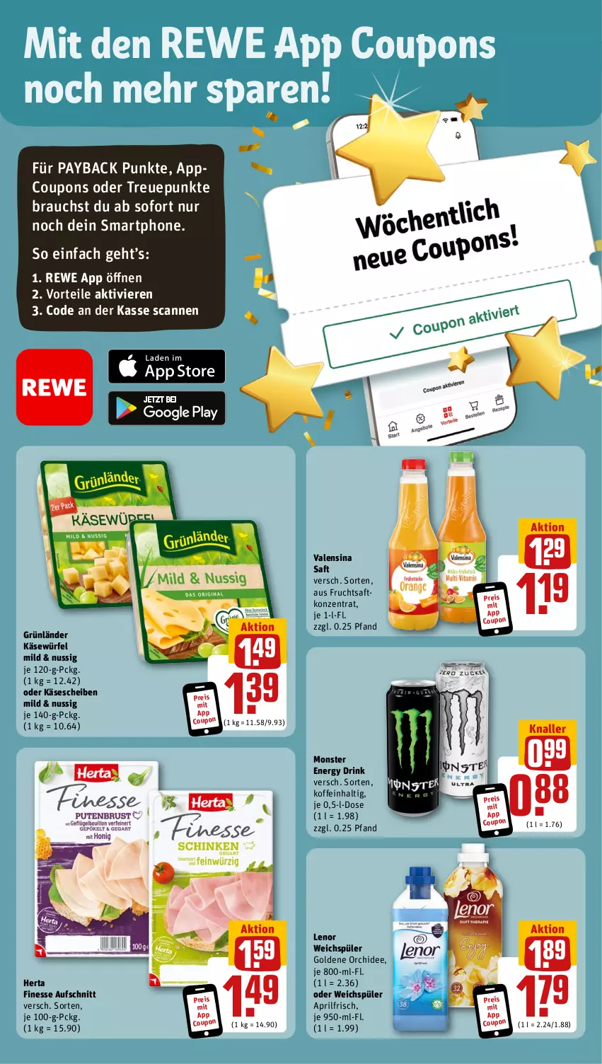 Aktueller Prospekt Rewe - Prospekte - von 31.07 bis 05.08.2023 - strona 3 - produkty: aufschnitt, coupon, coupons, drink, eis, energy drink, finesse, frucht, fruchtsaft, grünländer, herta, herta finesse, Käse, käsescheiben, lenor, lenor weichspüler, monster, Monster Energy, nuss, orchidee, payback, pril, Rauch, reis, saft, smartphone, Ti, valensina, weichspüler, würfel