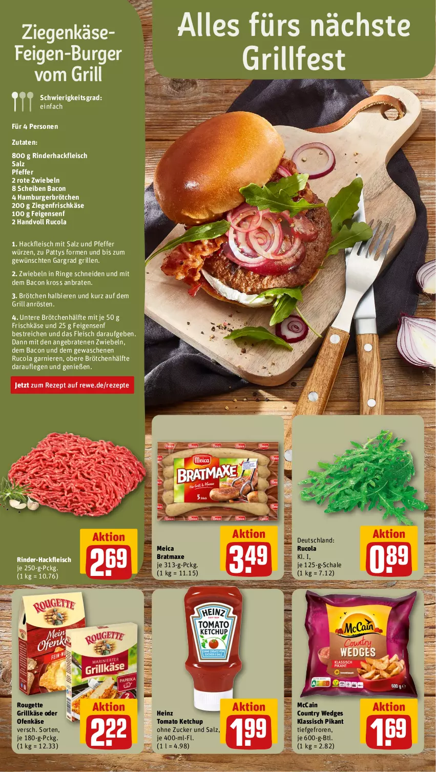 Aktueller Prospekt Rewe - Prospekte - von 31.07 bis 05.08.2023 - strona 4 - produkty: axe, bacon, bier, Biere, braten, bratmaxe, brötchen, burger, cola, eis, Feigen, fleisch, frischkäse, garnier, grill, Grillkäse, hackfleisch, hamburger, heinz, Käse, ketchup, mccain, meica, Ofen, Ofenkäse, pfeffer, rezept, rezepte, rind, rinder, rinder-hackfleisch, rinderhackfleisch, ring, Rote Zwiebel, rouge, rougette, rucola, salz, Schal, Schale, senf, Ti, tomato ketchup, wedges, ziegenfrischkäse, ziegenkäse, zucker, zwiebel, zwiebeln