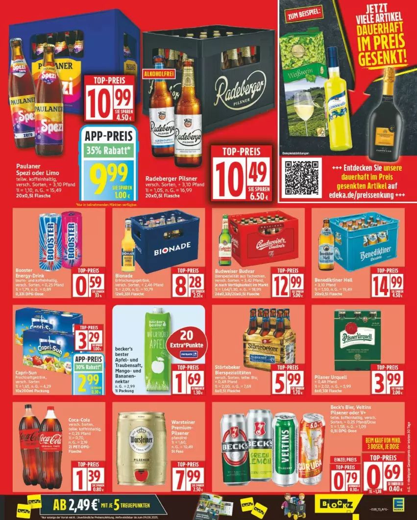 Aktueller Prospekt Edeka - Prospekte - von 07.07 bis 12.07.2025 - strona 13 - produkty: apfel, banane, bananen, Berger, bier, deka, eis, flasche, mango, Paula, paulaner, pils, pilsner, radeberger, radeberger pilsner, reis, reiss, rel, saft, Ti, top-preis, trauben, Traubensaft, veltins, ZTE