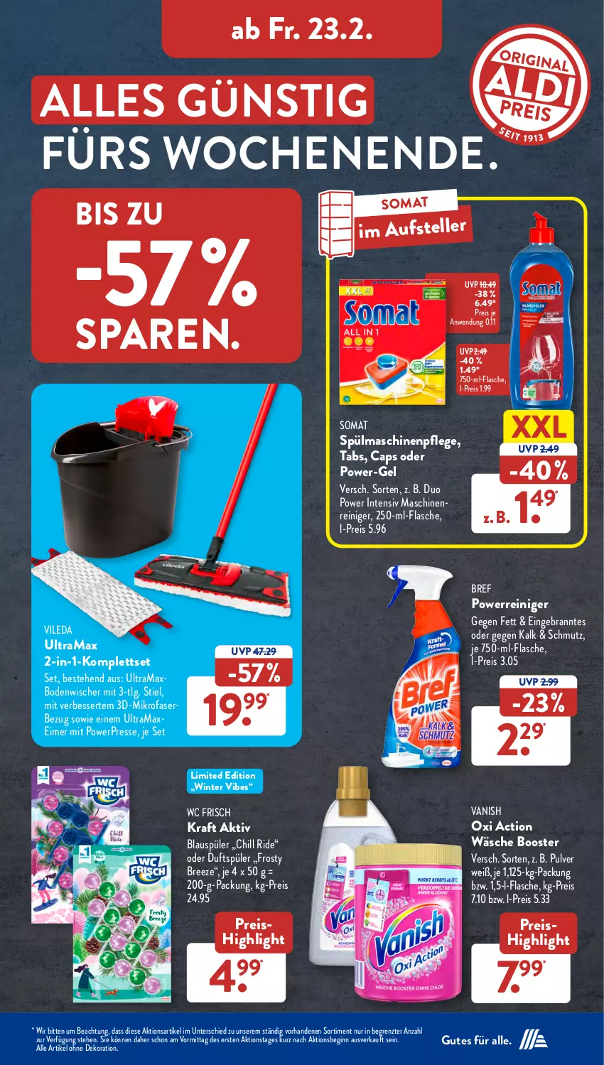 Aktueller Prospekt AldiSud - NÄCHSTE WOCHE - von 19.02 bis 24.02.2024 - strona 25 - produkty: alle artikel ohne dekoration, axe, bodenwischer, bree, Bref, bref power, Cap, dekoration, eimer, eis, elle, flasche, gin, kraft, LG, maschinenreiniger, mikrofaser, oxi action, power-gel, rama, reiniger, reis, somat, spülmaschinen, teller, Ti, vanish, vileda, wc frisch, ZTE