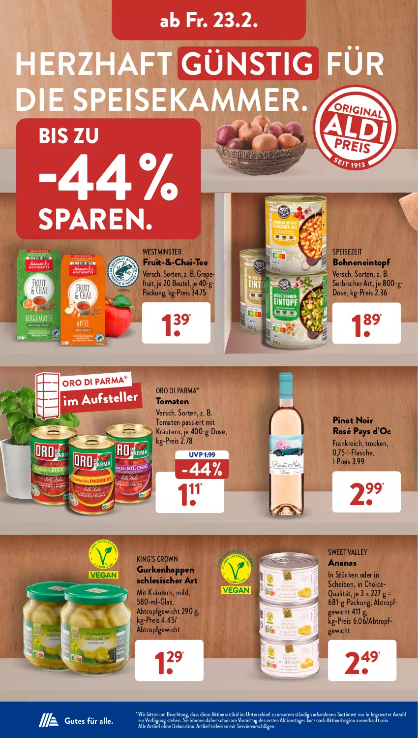 Aktueller Prospekt AldiSud - NÄCHSTE WOCHE - von 19.02 bis 24.02.2024 - strona 32 - produkty: ananas, beutel, bohne, bohnen, dekoration, eintopf, eis, elle, flasche, gin, grapefruit, gurke, gurken, kräuter, kräutern, oro di parma, Pinot, pinot noir, reis, tee, teller, Ti, tomate, tomaten, Tomaten Passiert, topf, ZTE