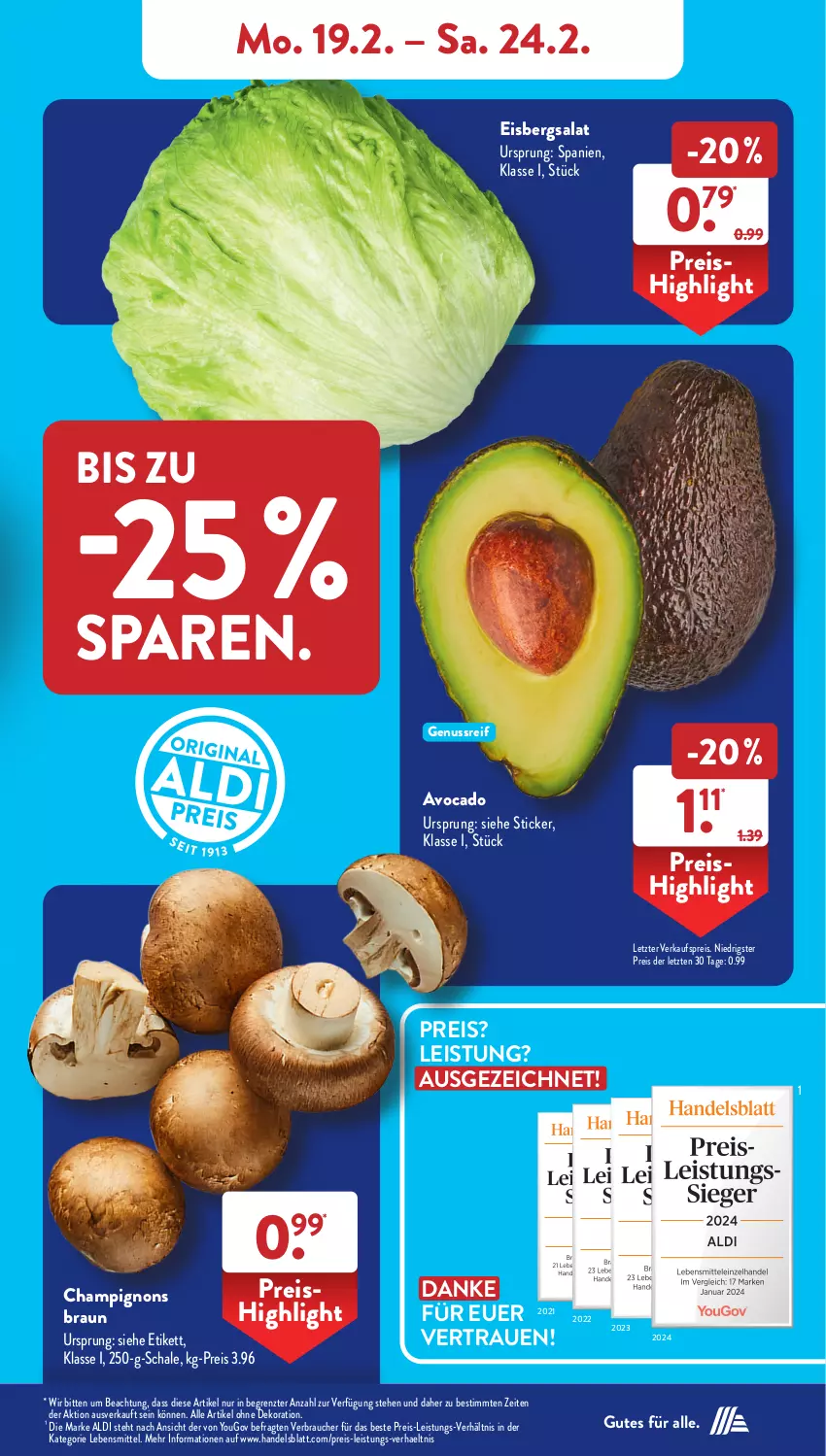 Aktueller Prospekt AldiSud - NÄCHSTE WOCHE - von 19.02 bis 24.02.2024 - strona 5 - produkty: aldi, alle artikel ohne dekoration, avocado, braun, champignon, champignons, champignons braun, dekoration, eis, eisbergsalat, lebensmittel, nuss, Rauch, reis, salat, Schal, Schale, Ti, Yo, ZTE