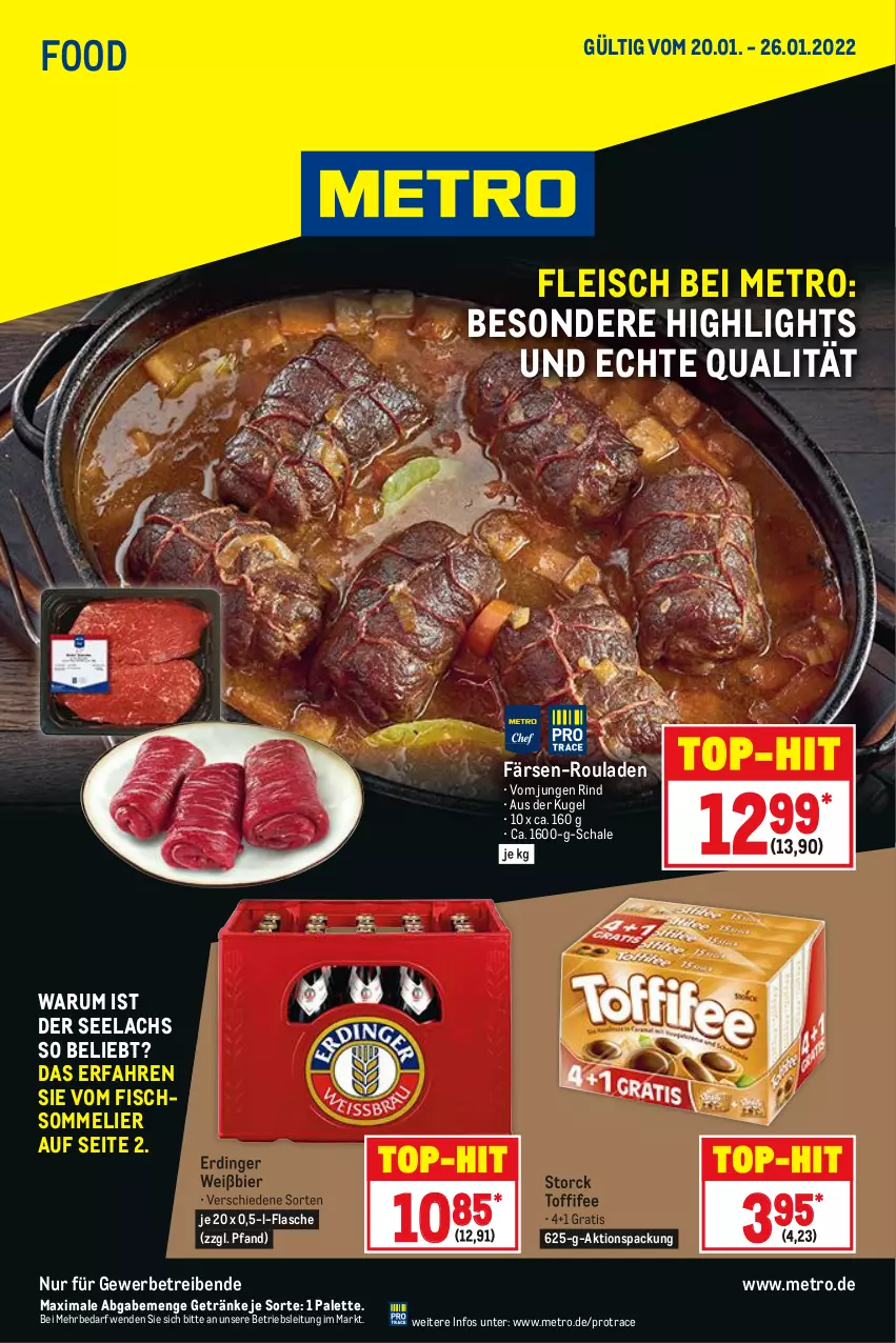 Aktueller Prospekt Metro - Food - von 20.01 bis 26.01.2022 - strona 1 - produkty: bier, eis, erdinger, fisch, flasche, fleisch, getränk, getränke, Kugel, lachs, Metro, Palette, rind, rouladen, rum, Schal, Schale, storck, Ti, toffifee, top-hit