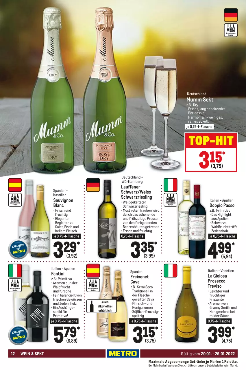 Aktueller Prospekt Metro - Food - von 20.01 bis 26.01.2022 - strona 12 - produkty: asti, beere, beeren, Cava, doppio passo, ecco, eis, elle, fisch, flasche, fleisch, freixenet, frizzante, frucht, getränk, getränke, gewürz, Holz, honig, honigmelone, kirsch, kirsche, La Gioiosa, melone, mumm, Palette, passo, perlen, pfirsich, primitivo, prosecco, riesling, salat, sauvignon, sauvignon blanc, schwarzriesling, sekt, Ti, top-hit, trauben, wein