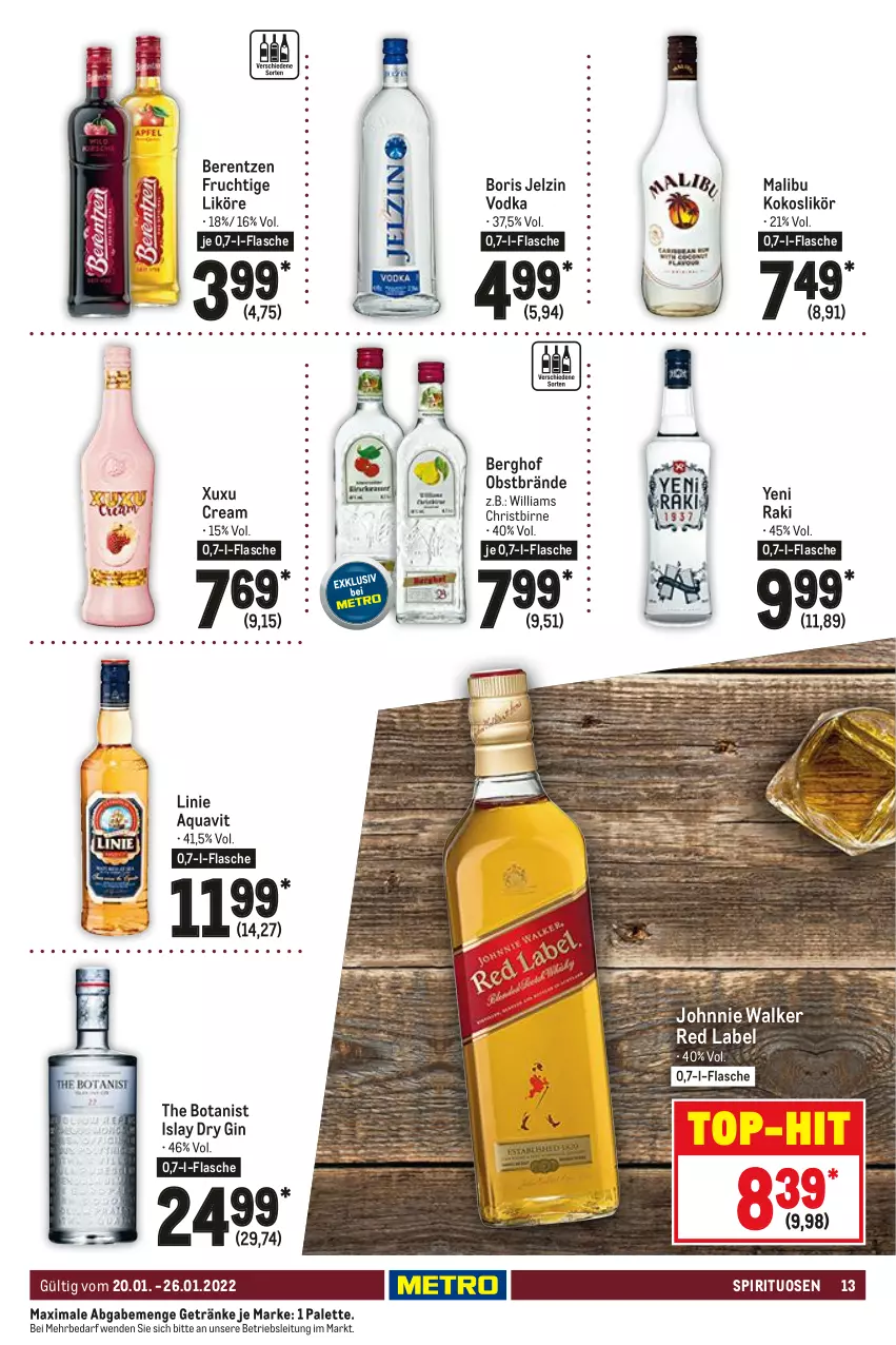 Aktueller Prospekt Metro - Food - von 20.01 bis 26.01.2022 - strona 13 - produkty: aqua, aquavit, berentzen, Boris Jelzin, dry gin, flasche, frucht, getränk, getränke, gin, jelzin, johnnie walker, kokos, likör, Malibu, obst, Palette, spirituosen, Ti, top-hit, vodka, yeni raki