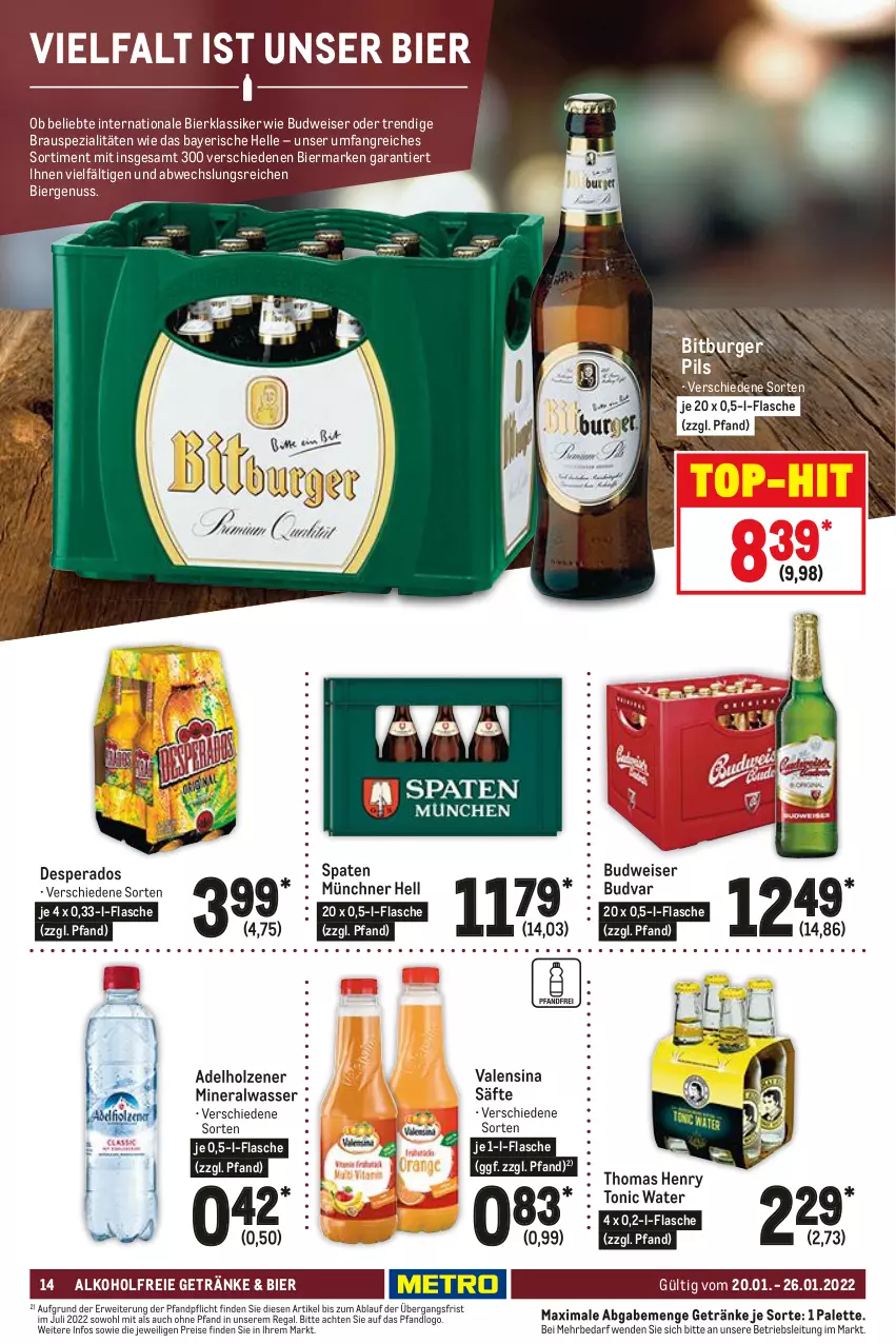 Aktueller Prospekt Metro - Food - von 20.01 bis 26.01.2022 - strona 14 - produkty: adelholzener, alkohol, alkoholfreie getränke, Alwa, bier, bitburger, bitburger pils, budweiser, burger, desperados, eis, elle, flasche, getränk, getränke, Holz, mineralwasser, nuss, Palette, pils, regal, reis, rwe, säfte, Spaten, Spezi, thomas henry, Ti, tonic, tonic water, top-hit, valensina, wasser