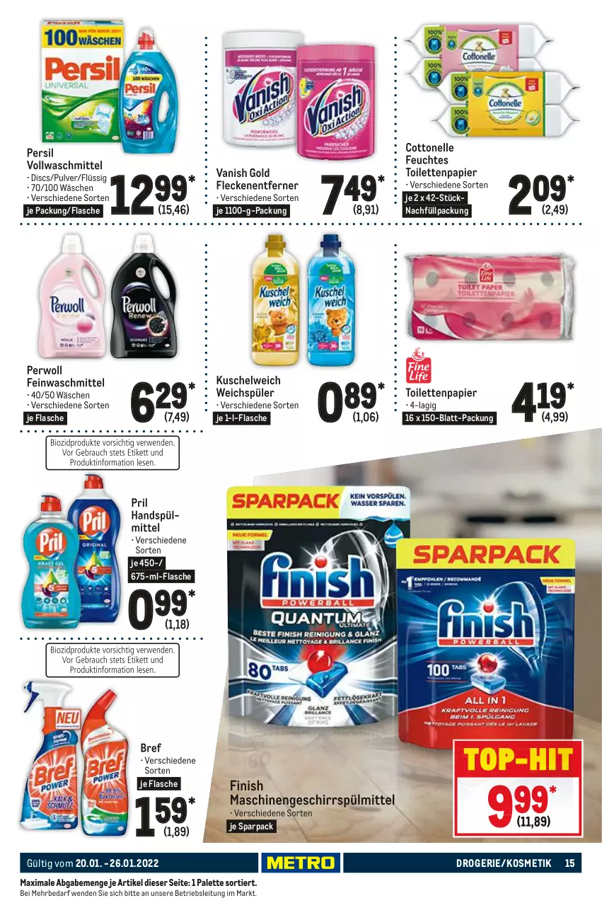 Aktueller Prospekt Metro - Food - von 20.01 bis 26.01.2022 - strona 15 - produkty: Bref, cottonelle, elle, feinwaschmittel, feuchtes toilettenpapier, flasche, Fleckenentferner, geschirr, geschirrspülmittel, kosmetik, Kuschelweich, Palette, papier, persil, perwoll, pril, spülmittel, Ti, toilettenpapier, top-hit, vanish, vollwaschmittel, waschmittel, weichspüler