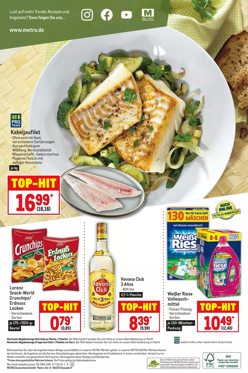 Aktueller Prospekt Metro - Food - von 20.01 bis 26.01.2022 - strona 16 - produkty: abholpreise, angebot, angebote, beutel, chips, crunchips, eis, erdnuss, filet, flasche, fleisch, getränk, getränke, Havana Club, ilag, kabeljaufilet, LG, lorenz, Metro, metro gastro, nuss, Palette, Rauch, reis, rezept, rezepte, rwe, saft, snack, Ti, top-hit, vollwaschmittel, waschmittel, Wild