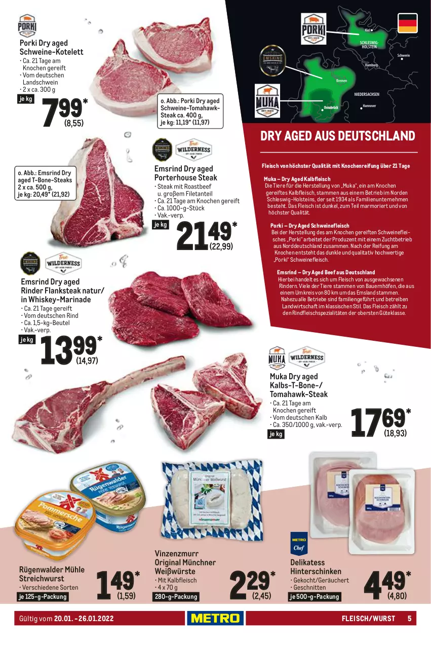 Aktueller Prospekt Metro - Food - von 20.01 bis 26.01.2022 - strona 5 - produkty: auer, Bau, Bauer, beef, beutel, eis, filet, Flanksteak, fleisch, gin, hinterschinken, Kalbfleisch, kotelett, marinade, mit kalbfleisch, natur, reis, rind, rinder, rindfleisch, roastbeef, rügenwalder, rügenwalder mühle, schinken, schnitten, schwein, schweine, Schweine-Tomahawksteak, schweinefleisch, Spezi, steak, steaks, Ti, Tiere, wein, weine, whiskey, wurst