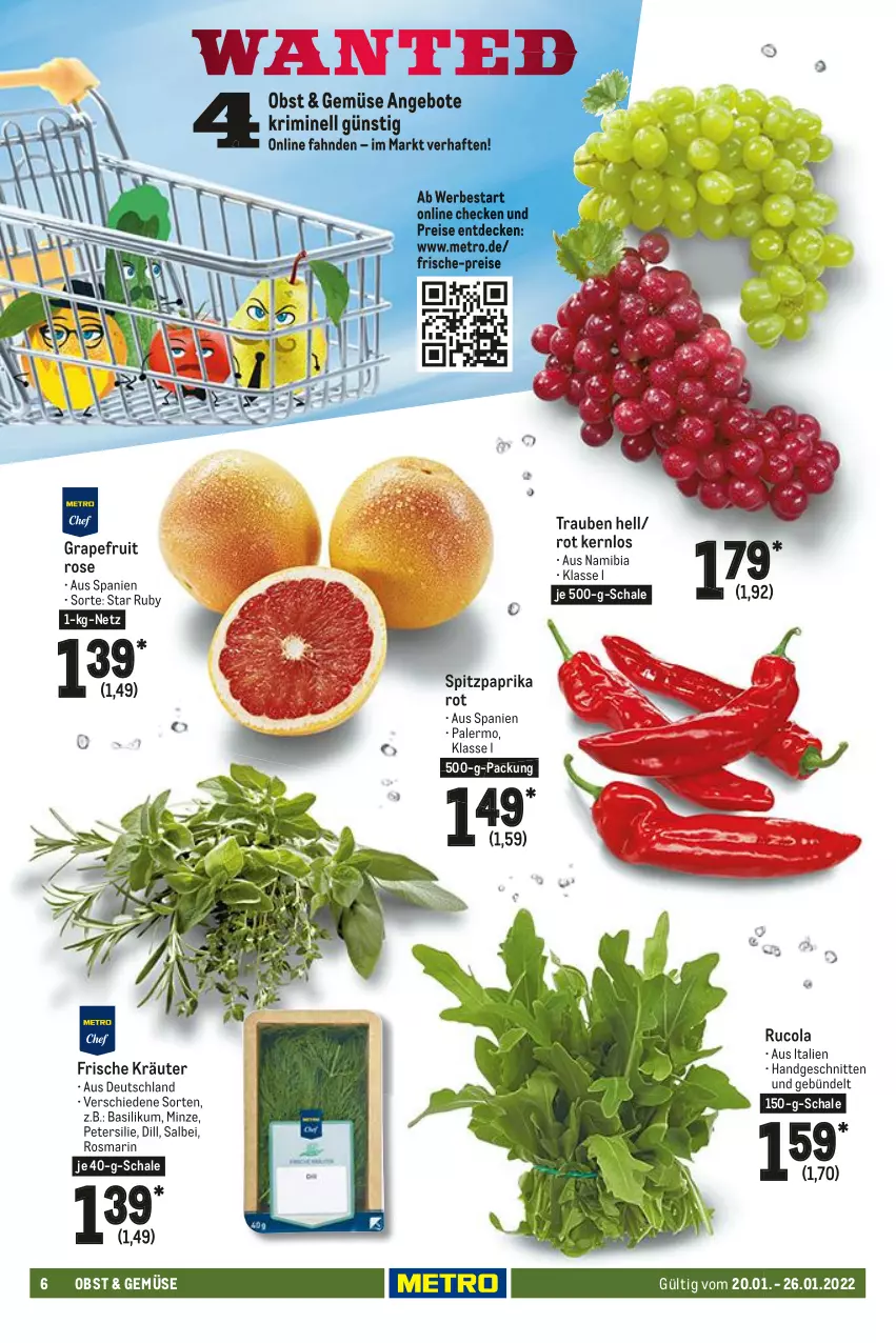 Aktueller Prospekt Metro - Food - von 20.01 bis 26.01.2022 - strona 6 - produkty: angebot, angebote, basilikum, cola, decke, eis, grapefruit, kräuter, Metro, minze, obst, paprika, paprika rot, petersilie, reis, rosmarin, rucola, Schal, Schale, schnitten, Spitzpaprika, Ti, trauben