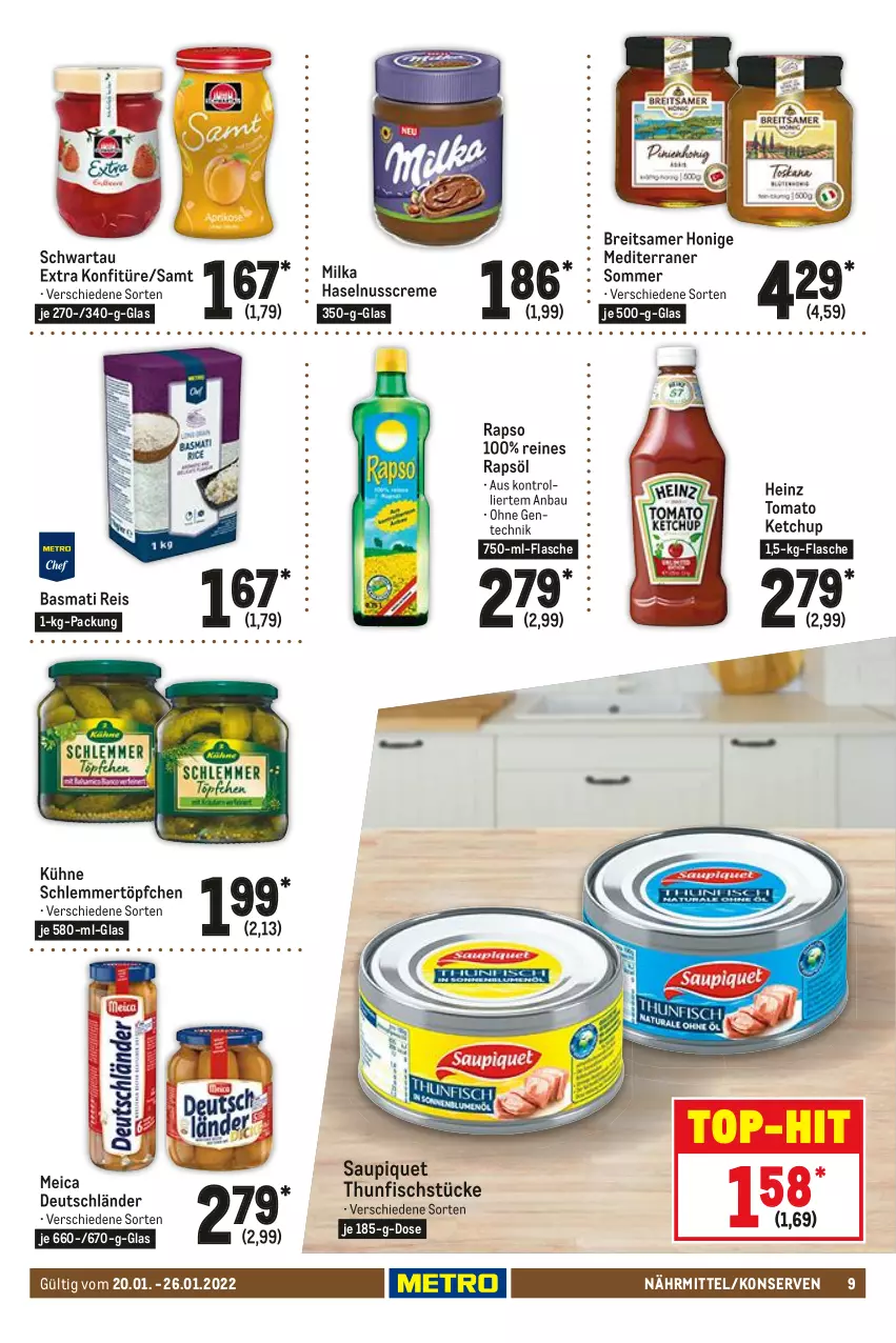 Aktueller Prospekt Metro - Food - von 20.01 bis 26.01.2022 - strona 9 - produkty: basmati, Basmati Reis, Bau, Brei, creme, eis, ente, fisch, flasche, haselnuss, Haselnusscreme, heinz, honig, ketchup, konfitüre, Konserven, Kühne, meica, milka, nuss, rapso, rapsöl, reines rapsöl, reis, saupiquet, schlemmertöpfchen, Schwartau, thunfisch, Ti, tomato ketchup, top-hit, Töpfchen, trolli