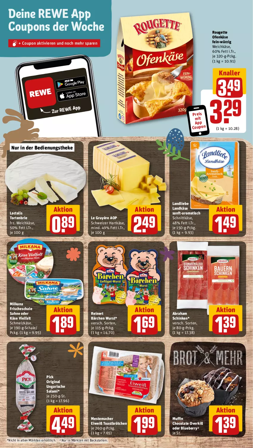 Aktueller Prospekt Rewe - Prospekte - von 18.03 bis 23.03.2024 - strona 11 - produkty: blueberry, brie, brötchen, cola, coupon, coupons, eis, gin, hartkäse, Käse, käse vielfalt, landkäse, landliebe, mac, mestemacher, milka, milkana, Muffin, ndk, Ofen, Ofenkäse, reinert, reis, rouge, rougette, sahne, salami, Schal, Schale, schinken, Schmelzkäse, schnittkäse, schweizer hartkäse, Ti, tisch, toast, torte, Ungarische Salami, weichkäse, wurst