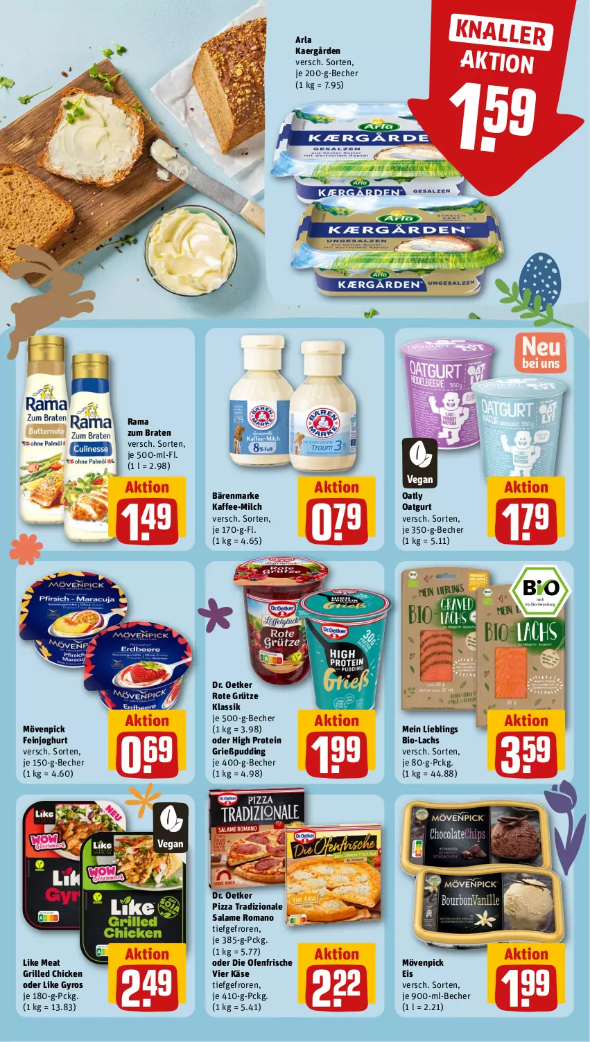 Aktueller Prospekt Rewe - Prospekte - von 18.03 bis 23.03.2024 - strona 12 - produkty: arla, bärenmarke, Becher, bio, braten, die ofenfrische, Dr. Oetker, eis, feinjoghurt, Grießpudding, grill, grütze, gyros, joghur, joghurt, kaffee, Käse, lachs, Like Meat, milch, mövenpick, mövenpick eis, Ofen, pizza, pizza tradizionale, pudding, rama, Rote Grütze, salame romano, Ti, tradizionale