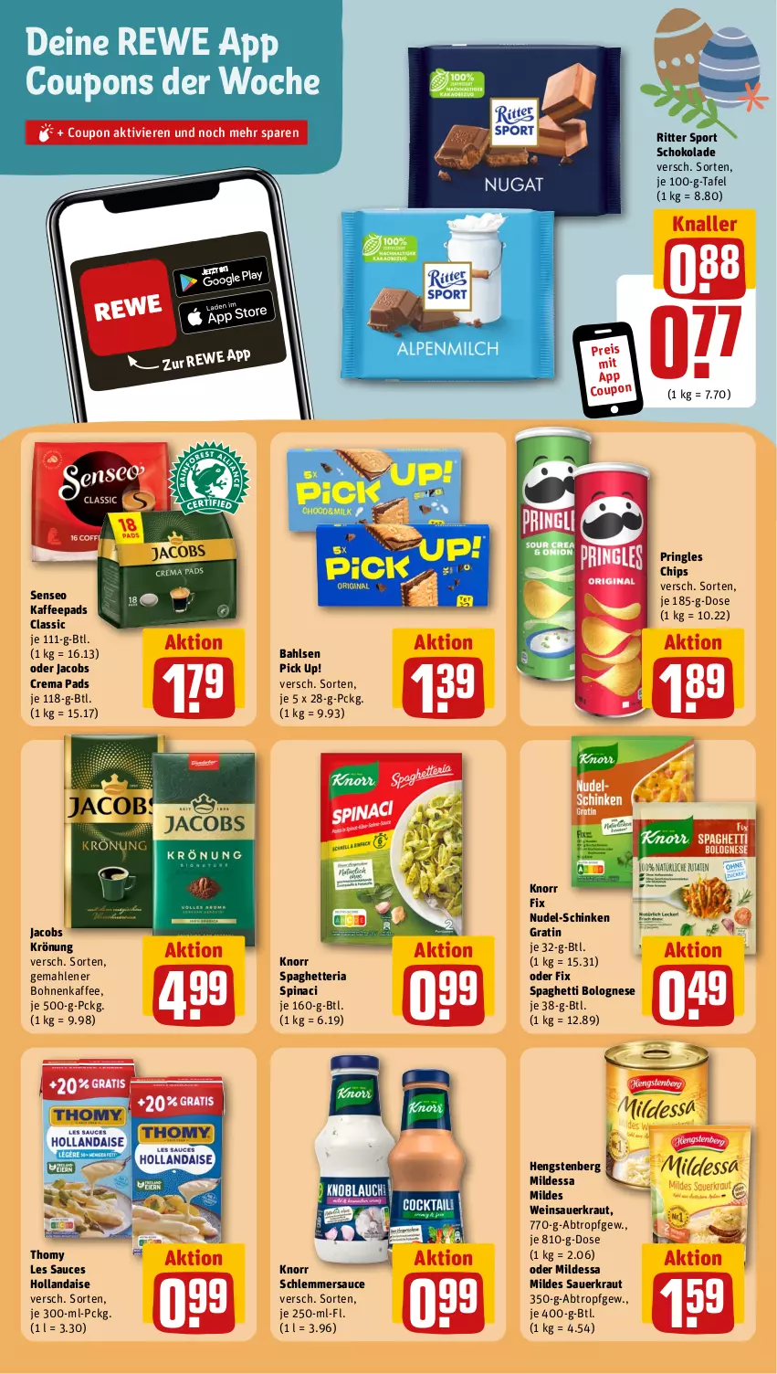 Aktueller Prospekt Rewe - Prospekte - von 18.03 bis 23.03.2024 - strona 14 - produkty: auer, bahlsen, bohne, bohnen, bohnenkaffee, bolognese, chips, coupon, coupons, crema pads, eis, gemahlener bohnenkaffee, hengstenberg, hollandaise, jacobs, Jacobs Crema, jacobs krönung, kaffee, kaffeepads, knorr, knorr fix, Kraut, nudel, oder jacobs, Pick Up!, pringles, reis, Ria, ring, ritter, ritter sport, sauce, Sauerkraut, schinken, schlemmersauce, schoko, schokolade, senseo, spaghetti, spaghetti bolognese, Sport, thomy, thomy les sauces, Ti, wein, Weinsauerkraut