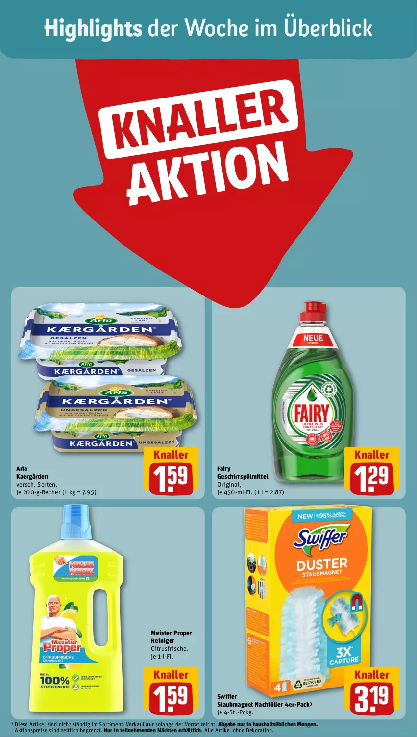 Aktueller Prospekt Rewe - Prospekte - von 18.03 bis 23.03.2024 - strona 2 - produkty: aktionspreis, alle artikel ohne dekoration, arla, Becher, citrus, dekoration, eis, fairy, geschirr, geschirrspülmittel, gin, Meister, meister proper, reiniger, reis, spülmittel, staubmagnet, swiffer, Ti