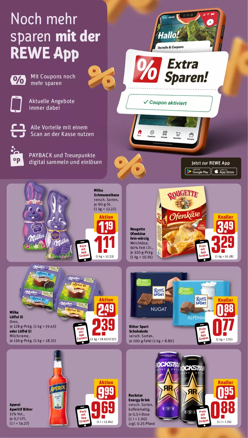 Aktueller Prospekt Rewe - Prospekte - von 18.03 bis 23.03.2024 - strona 3 - produkty: angebot, angebote, aperitif, aperol, coupon, coupons, creme, drink, eis, elle, energy drink, Käse, Löffel, milch, milka, Ofen, Ofenkäse, oreo, payback, reis, ritter, ritter sport, Rockstar, rouge, rougette, schoko, schokolade, Sport, Ti, weichkäse