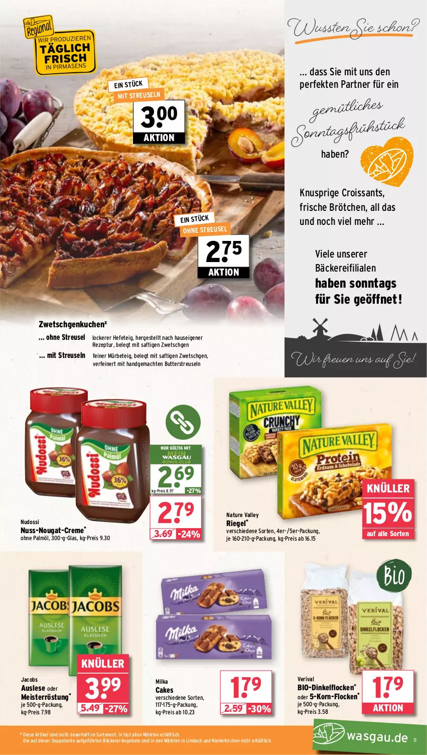 Aktueller Prospekt Wasgau - von 19.08 bis 24.08.2024 - strona 11 - produkty: angebot, angebote, auer, bio, brötchen, butter, creme, Croissant, croissants, eis, Hefe, jacobs, korn, kuchen, mac, Meister, meisterröstung, milka, natur, Nudossi, nuss, nuss-nougat-creme, ohne palmöl, reis, rezept, riegel, saft, Ti