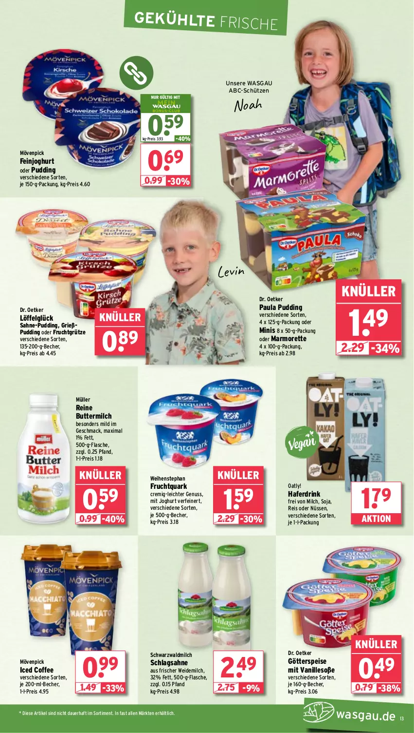 Aktueller Prospekt Wasgau - von 19.08 bis 24.08.2024 - strona 13 - produkty: auer, Becher, butter, buttermilch, Dr. Oetker, drink, eis, feinjoghurt, flasche, frucht, fruchtgrütze, Fruchtquark, götterspeise, Grießpudding, grütze, hafer, Haferdrink, joghur, joghurt, LG, Löffel, mac, marmorette, milch, mövenpick, Müller, nuss, Paula, paula pudding, pudding, quark, reine buttermilch, reis, sahne, schlagsahne, Schütze, soja, Soße, Ti, vanille, weidemilch, weihenstephan