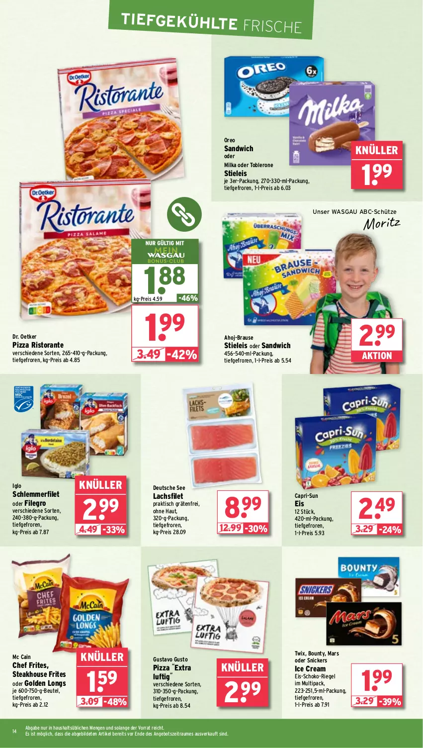 Aktueller Prospekt Wasgau - von 19.08 bis 24.08.2024 - strona 14 - produkty: ahoj-brause, angebot, beutel, bounty, brause, Cap, capri-sun, Dr. Oetker, eis, filegro, filet, Golden Longs, iglo, lachs, lachsfilet, mars, mc cain, milka, oreo, pizza, reis, riegel, ristorante, sandwich, schoko, Schütze, snickers, steak, stieleis, Ti, tisch, toblerone, twix