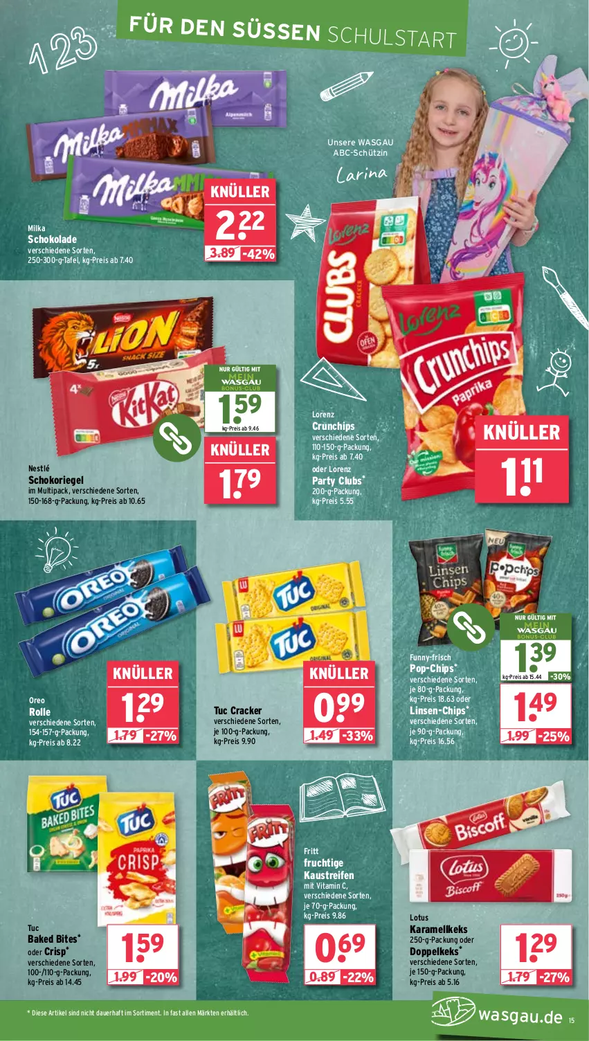 Aktueller Prospekt Wasgau - von 19.08 bis 24.08.2024 - strona 15 - produkty: auer, aust, bites, chips, cracker, crunchips, eis, frucht, funny-frisch, karamell, Kaustreifen, keks, linsen, lorenz, lorenz crunchips, milka, milka schokolade, nestlé, oreo, reifen, reis, riegel, schoko, schokolade, schokoriegel, Ti, tuc, vita, Vitamin C