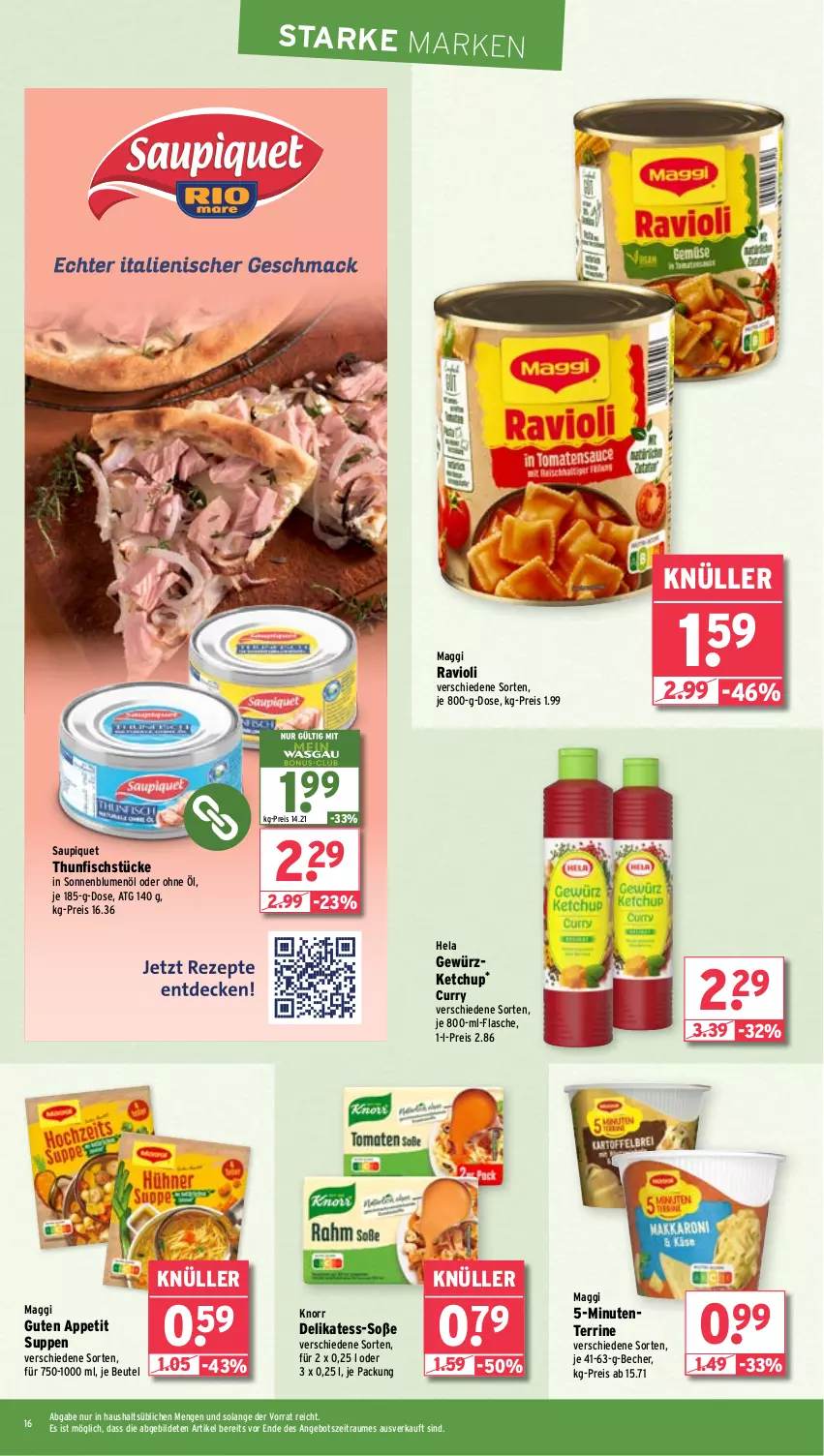 Aktueller Prospekt Wasgau - von 19.08 bis 24.08.2024 - strona 16 - produkty: angebot, Becher, beutel, blume, blumen, blumenöl, curry, eis, ente, fisch, flasche, gewürz, gewürzketchup, Hela, ketchup, knorr, maggi, ravioli, reis, saupiquet, sonnenblume, sonnenblumen, sonnenblumenöl, Soße, suppe, suppen, terrine, thunfisch, Ti