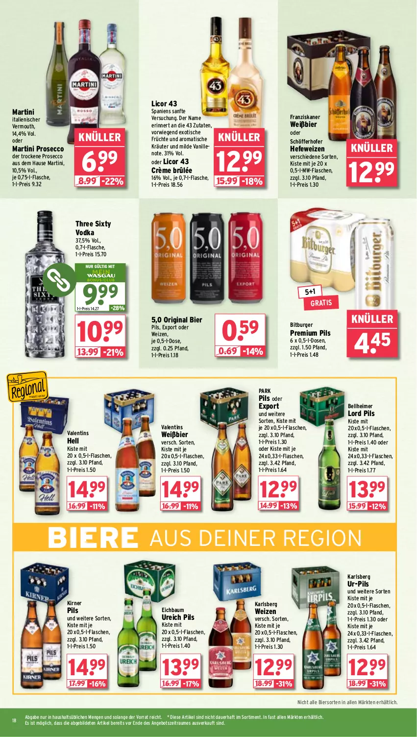 Aktueller Prospekt Wasgau - von 19.08 bis 24.08.2024 - strona 18 - produkty: angebot, auer, Bau, bier, Biere, bitburger, burger, Crème Brûlée, ecco, eimer, eis, flasche, franziskaner, früchte, gin, Hefe, hefeweizen, karlsberg, kräuter, licor, licor 43, martini, mw-flasche, pils, premium pils, prosecco, reis, schöfferhofer, Three Sixty, Ti, tisch, vanille, Vermouth, vodka