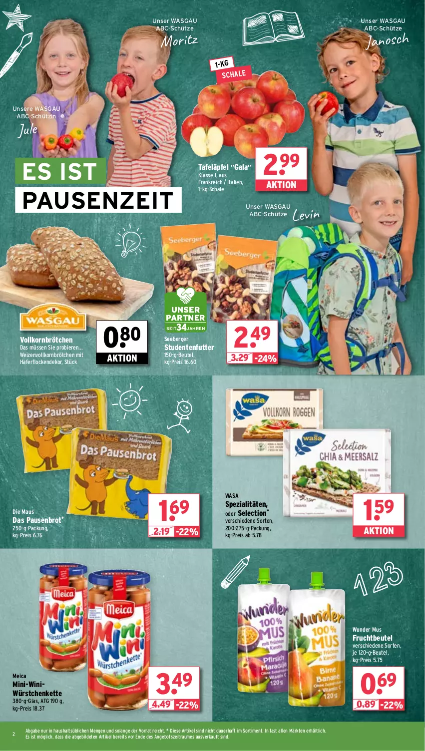 Aktueller Prospekt Wasgau - von 19.08 bis 24.08.2024 - strona 2 - produkty: angebot, auer, Berger, beutel, bier, Biere, brot, brötchen, eis, ente, frucht, hafer, haferflocken, Janosch, Kette, korn, Maus, meica, reis, Schal, Schale, Schütze, seeberger, Spezi, studentenfutter, tafeläpfel, Ti, wasa, würstchen