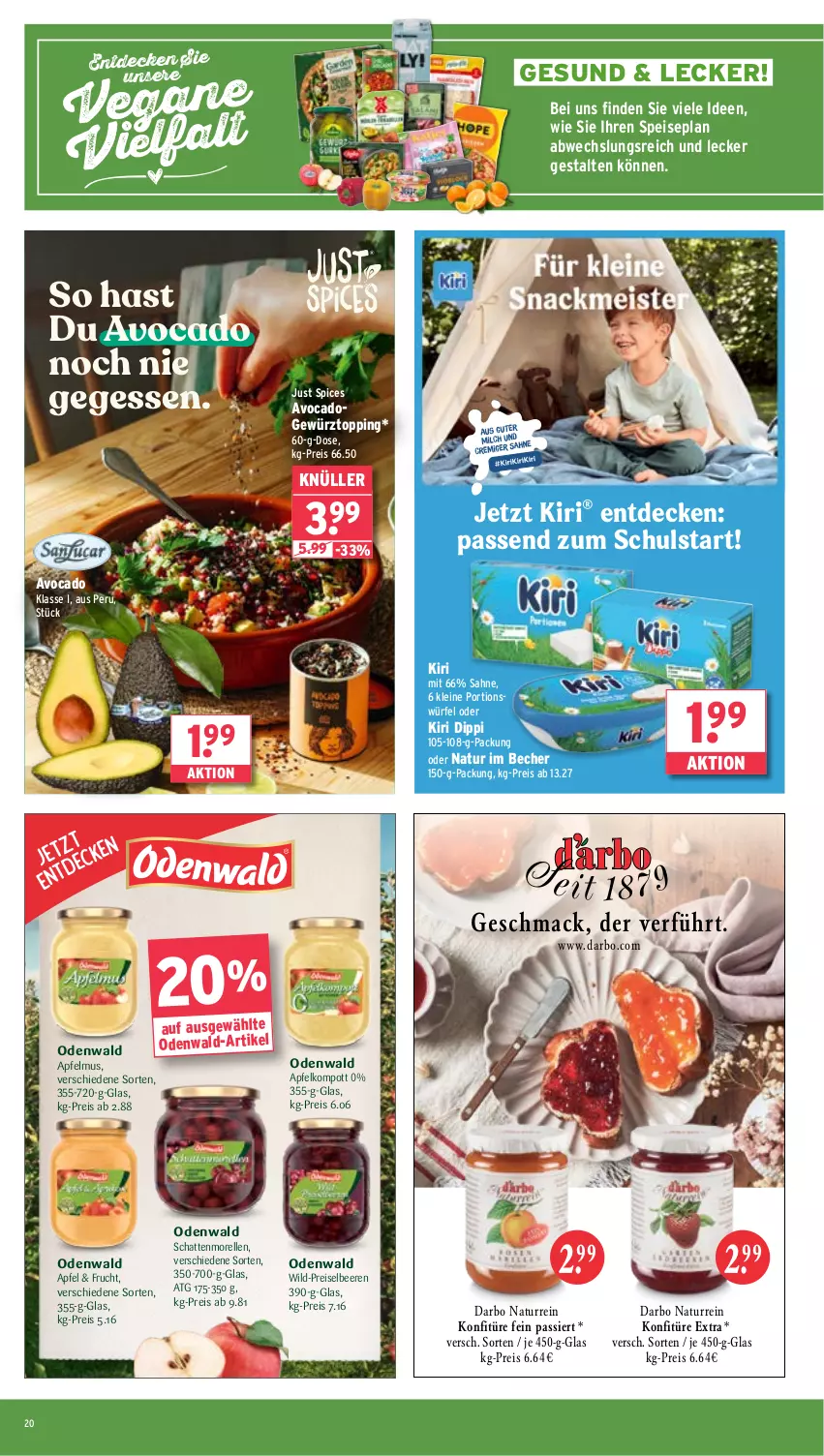 Aktueller Prospekt Wasgau - von 19.08 bis 24.08.2024 - strona 20 - produkty: apfel, apfelmus, avocado, Becher, beere, beeren, darbo, decke, dip, eis, elle, frucht, gewürz, kiri, konfitüre, konfitüre extra, leine, mac, morellen, natur, odenwald, reis, rel, sahne, schattenmorellen, Ti, Wild, würfel