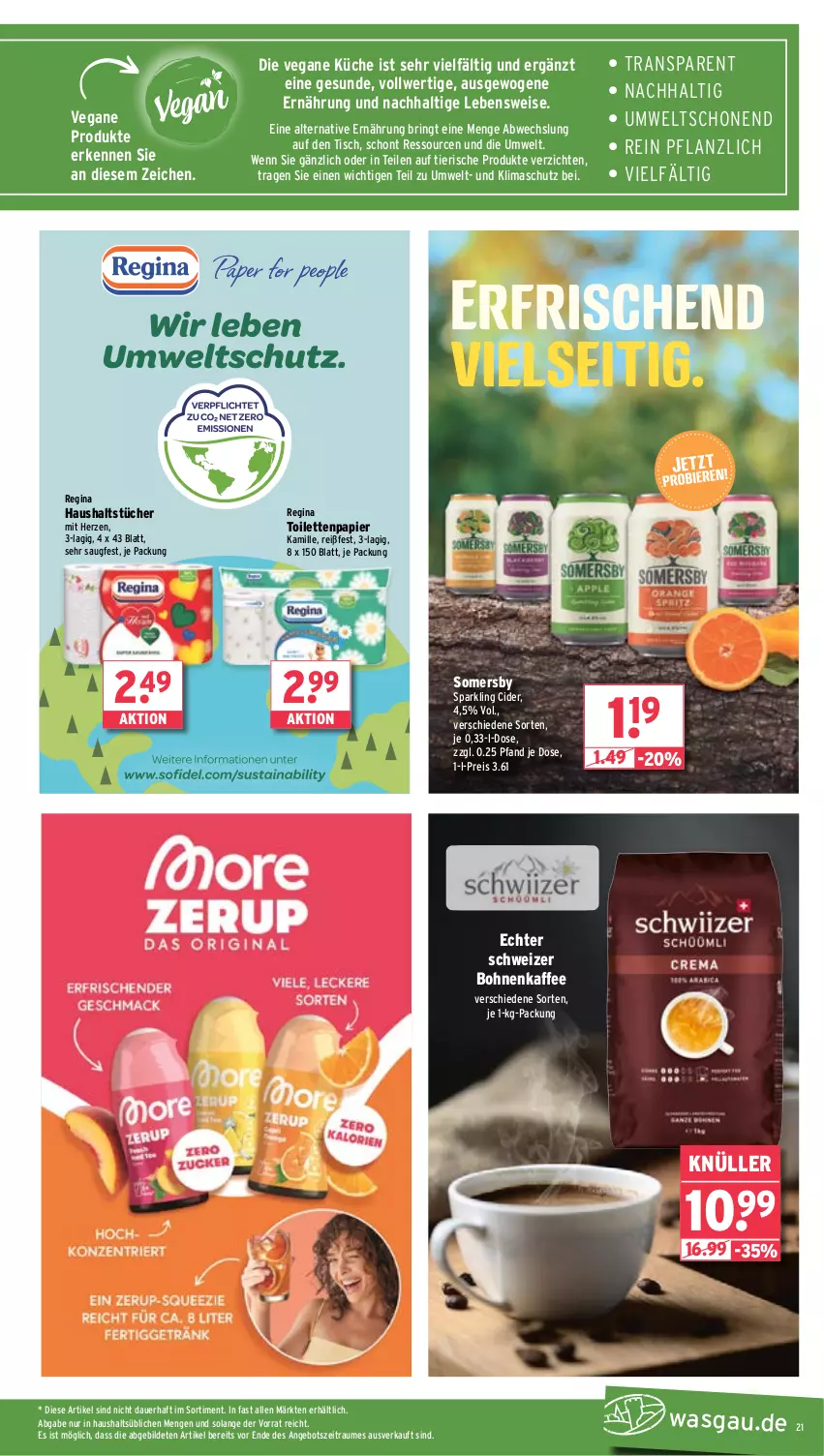 Aktueller Prospekt Wasgau - von 19.08 bis 24.08.2024 - strona 21 - produkty: angebot, auer, bohne, bohnen, bohnenkaffee, cider, eis, gin, haushaltstücher, kaffee, Kamill, kamille, küche, papier, reis, ring, somersby, Ti, tisch, toilettenpapier, tücher