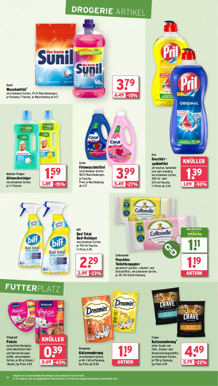 Aktueller Prospekt Wasgau - von 19.08 bis 24.08.2024 - strona 22 - produkty: alkohol, allzweckreiniger, angebot, Bad, Bad-Reiniger, beutel, biff, Coral, cottonelle, dreamies, eis, elle, feinwaschmittel, feuchtes toilettenpapier, flasche, geschirr, geschirrspülmittel, katzennahrung, kraft, Meister, meister proper, papier, pril, reiniger, reis, rezept, Schal, Schale, spülmittel, sunil, Ti, toilettenpapier, vita, vitakraft, waschmittel, weck, zucker