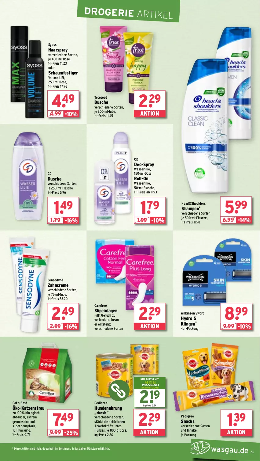 Aktueller Prospekt Wasgau - von 19.08 bis 24.08.2024 - strona 23 - produkty: Abba, auer, Bau, binden, bio, carefree, creme, deo, dusche, eis, flasche, haarspray, hundenahrung, je 500-ml-flasche, Katzenstreu, oder schaumfestiger, pedigree, reis, roll-on, schaumfestiger, sensodyne, shampoo, slip, slipeinlagen, snack, snacks, syoss, Ti, wasser, wilkinson, Yo, zahncreme