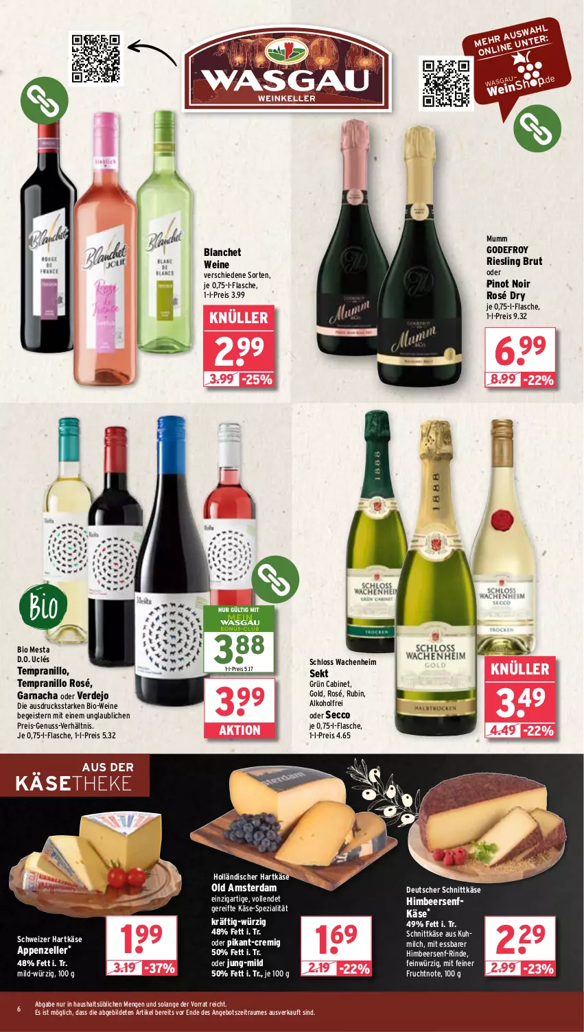 Aktueller Prospekt Wasgau - von 19.08 bis 24.08.2024 - strona 6 - produkty: alkohol, angebot, appenzeller, bio, Bio-Wein, brut, deutscher schnittkäse, ecco, eis, elle, erde, flasche, frucht, hartkäse, himbeer, Käse, käsetheke, milch, mumm, nuss, Old Amsterdam, Pinot, pinot noir, reis, riesling, rind, Rubin, schnittkäse, schweizer hartkäse, sekt, senf, Spezi, tempranillo, Ti, wein, weine