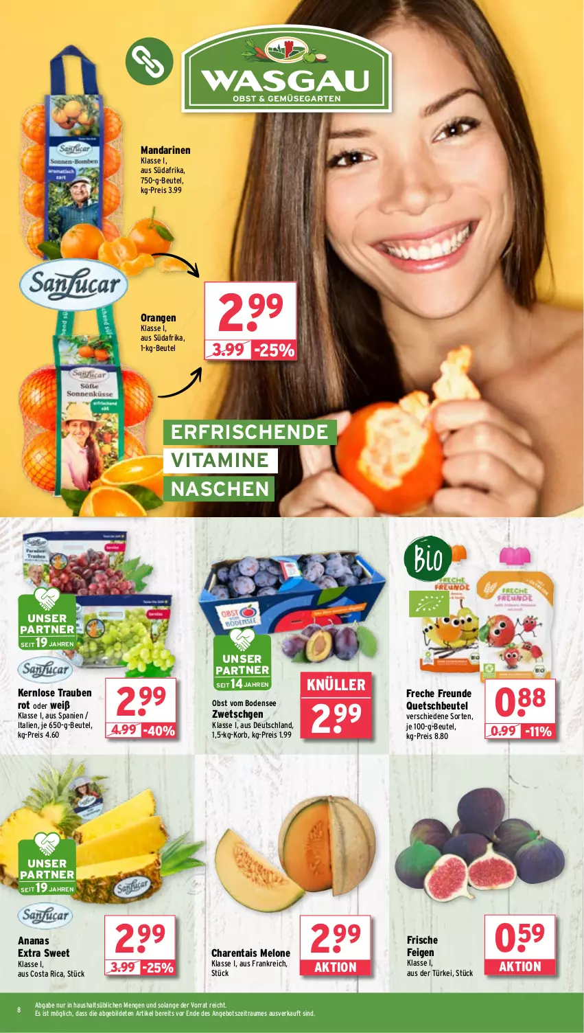 Aktueller Prospekt Wasgau - von 19.08 bis 24.08.2024 - strona 8 - produkty: ananas, angebot, beutel, eis, Feigen, freche freunde, korb, mandarine, mandarinen, melone, obst, orange, orangen, quetschbeutel, reis, Ti, trauben, vita, Vitamine