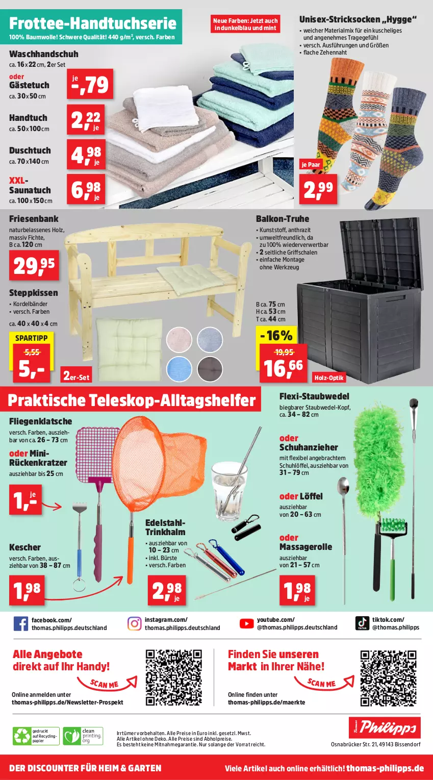 Aktueller Prospekt Thomas Philipps - von 19.02 bis 24.02.2024 - strona 8 - produkty: abholpreise, alle preise sind abholpreise, angebot, angebote, Bank, Bau, baumwolle, bürste, Clin, discount, duschtuch, edelstahl, eis, Fliegenklatsche, Garten, gästetuch, handtuch, Handtuchserie, Handy, Holz, Kescher, kissen, Liege, Löffel, mint, natur, papier, reis, Ria, rwe, Saunatuch, Schal, Schale, socken, spartipp, staubwedel, Stricksocken, tee, Teleskop, Ti, tisch, tuc, waschhandschuh, wedel, werkzeug, wolle, Yo