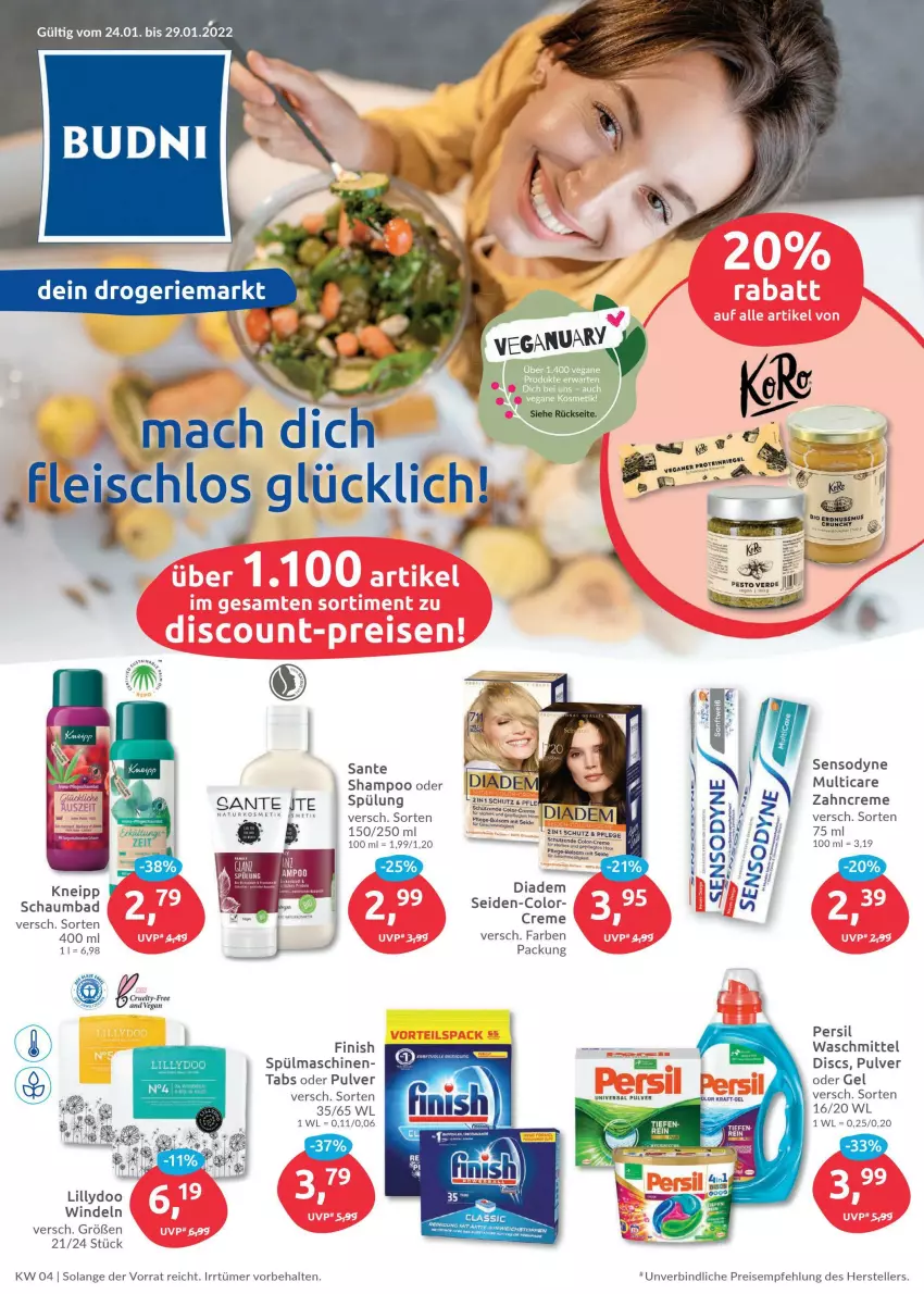 Aktueller Prospekt Budni - Prospekte - von 24.01 bis 29.01.2022 - strona 1 - produkty: Bad, bio, creme, diadem, eis, elle, erde, Finish, kneipp, kosmetik, kraft, LG, mac, nuss, persil, persil waschmittel, pesto, reis, SANTE, schaumbad, Schütze, sensodyne, shampoo, spülmaschinen, spülung, teller, Ti, universal pulver, waschmittel, windeln, zahncreme