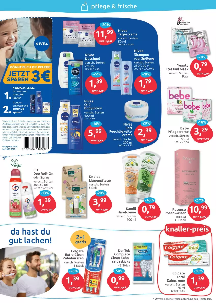 Aktueller Prospekt Budni - Prospekte - von 24.01 bis 29.01.2022 - strona 2 - produkty: acer, asti, Bebe, body, bodylotion, bürste, bürsten, colgate, colgate total, coupon, coupons, creme, deo, deo roll-on, duschgel, eier, eis, elle, ente, gin, handcreme, HP, Kamill, latte, LG, Lippenpflege, Lotion, nivea, Pflegecreme, Q10, reis, roll-on, rosen, Rosenwasser, shampoo, sofortrabatt, spülung, tagescreme, teller, Ti, wasser, zahnbürste, zahnbürsten, zahncreme