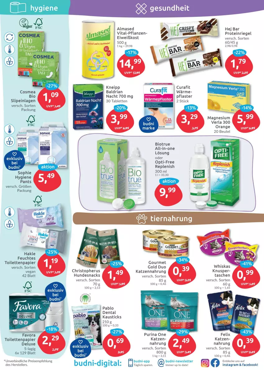 Aktueller Prospekt Budni - Prospekte - von 24.01 bis 29.01.2022 - strona 5 - produkty: Almased, aust, Bau, beutel, bio, cosmea, decke, eier, eis, elle, ente, feuchtes toilettenpapier, hakle, hundesnack, hundesnacks, katzennahrung, kneipp, magnesium, orange, Pants, papier, pflanze, pflanzen, pflaster, purina, reis, Ria, riegel, slip, slipeinlagen, snack, snacks, tablet, tablett, Tablette, Tasche, taschen, teller, Ti, toilettenpapier, truthahn, vita, whiskas