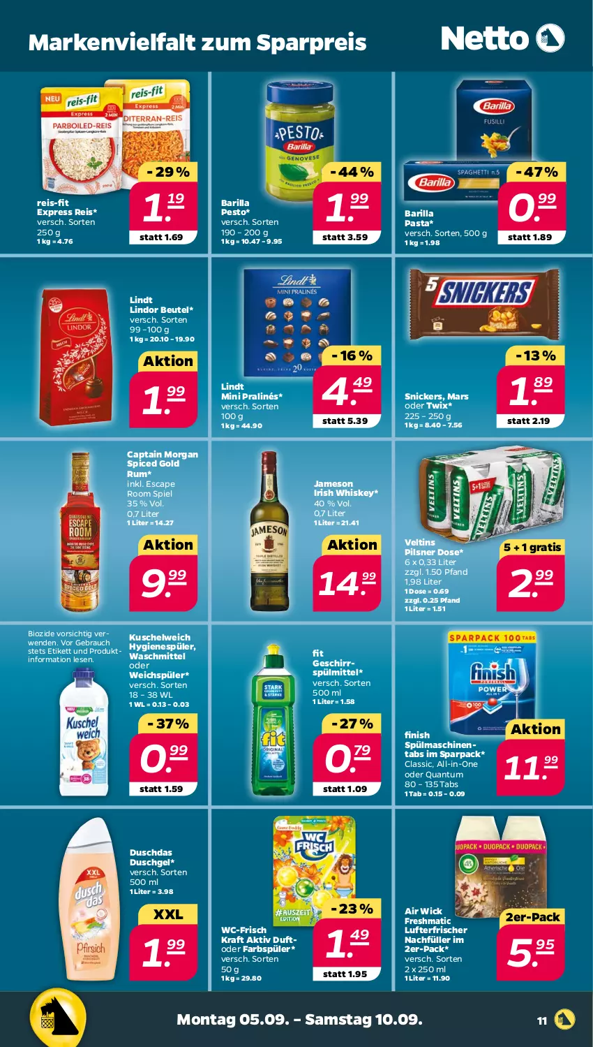 Aktueller Prospekt Netto - Woche 36 - von 05.09 bis 10.09.2022 - strona 11 - produkty: Air Wick, barilla, beutel, bio, Cap, captain morgan, duschdas, duschgel, eis, Finish, geschirr, geschirrspülmittel, hygienespüler, irish whiskey, jameson, kraft, Kuschelweich, lindor, lindt, lufterfrischer, mars, mini pralinés, oder twix, pasta, pesto, pils, pilsner, Rauch, reis, reis-fit, rum, snickers, spülmaschinen, spülmaschinentabs, spülmittel, Ti, twix, veltins, waschmittel, weichspüler, whiskey, WICK