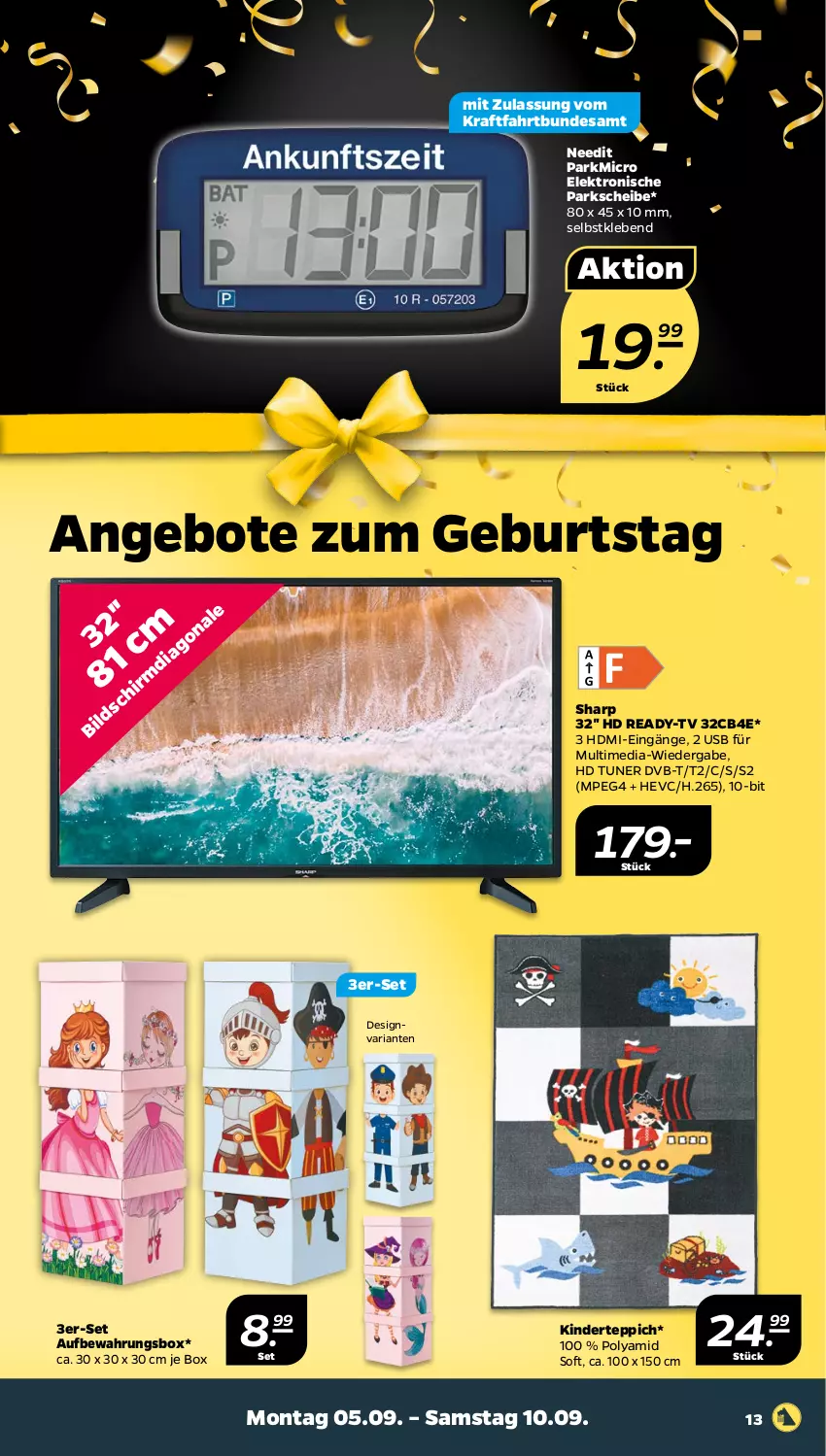 Aktueller Prospekt Netto - Woche 36 - von 05.09 bis 10.09.2022 - strona 13 - produkty: angebot, angebote, aufbewahrungsbox, dvb, DVB-T, Elektro, HD Ready, HDMI, Kinder, kraft, Ria, Sharp, teppich, Ti, tuner, usb