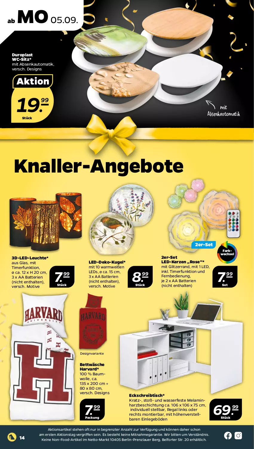 Aktueller Prospekt Netto - Woche 36 - von 05.09 bis 10.09.2022 - strona 14 - produkty: angebot, angebote, auer, auto, batterie, batterien, Bau, baumwolle, bett, bettwäsche, fernbedienung, kerze, Kugel, LED-Kerze, LED-Leuchte, leds, Leuchte, regal, Ria, schreibtisch, Ti, timer, tisch, wasser, wc-sitz, wolle, ZTE