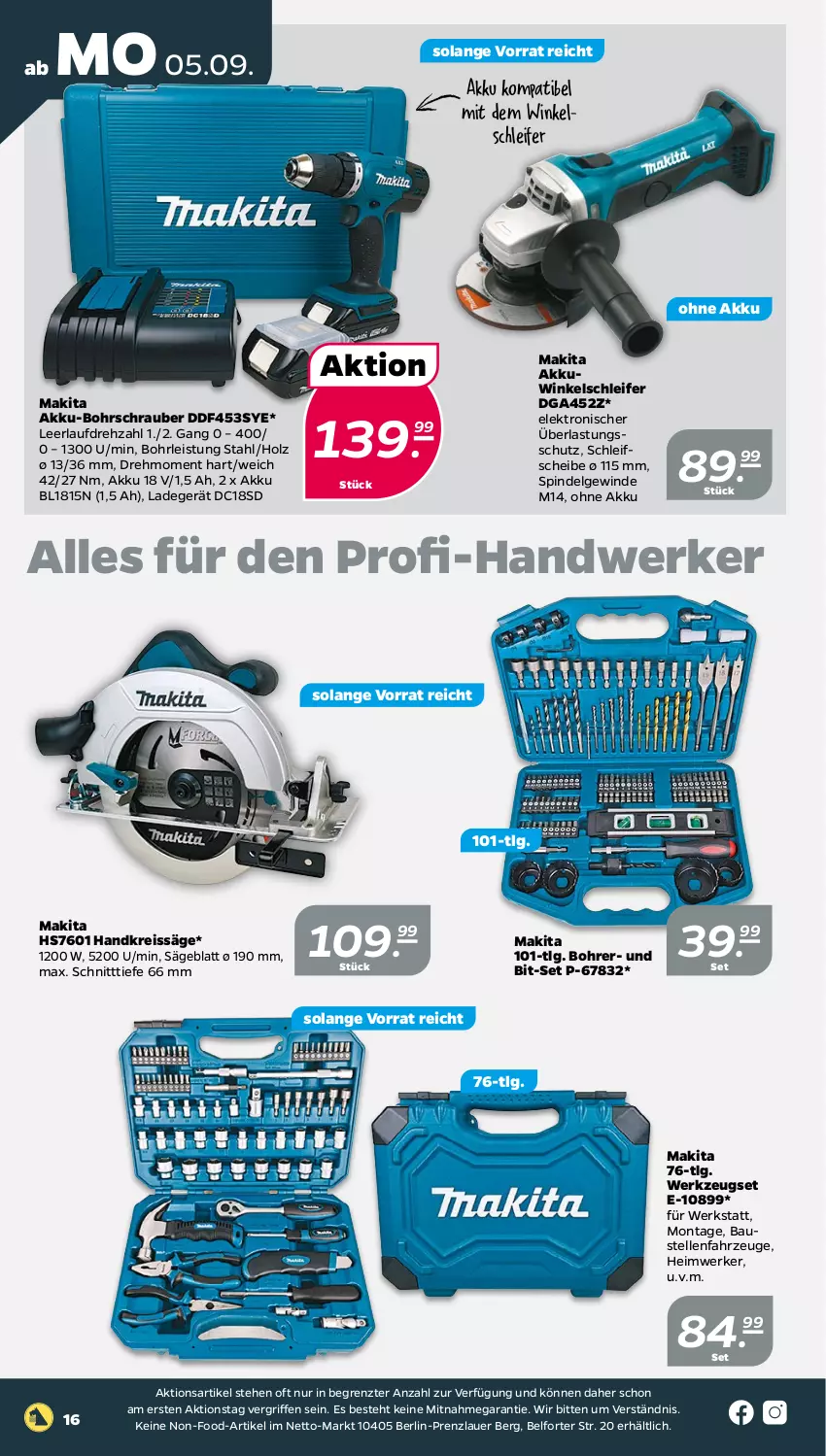 Aktueller Prospekt Netto - Woche 36 - von 05.09 bis 10.09.2022 - strona 16 - produkty: akku, akku-bohrschrauber, auer, aust, Bau, Bohrschrauber, eis, Elektro, elle, Handkreissäge, Holz, ladegerät, LG, Makita, ndk, reis, reiss, säge, Ti, werkzeug, Winkelschleifer, ZTE