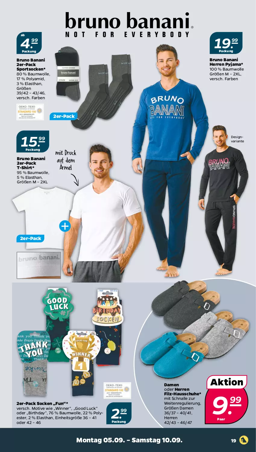 Aktueller Prospekt Netto - Woche 36 - von 05.09 bis 10.09.2022 - strona 19 - produkty: Bau, baumwolle, bruno banani, Hausschuhe, Pyjama, Ria, schuhe, shirt, socken, Sport, sportsocken, T-Shirt, Ti, wolle