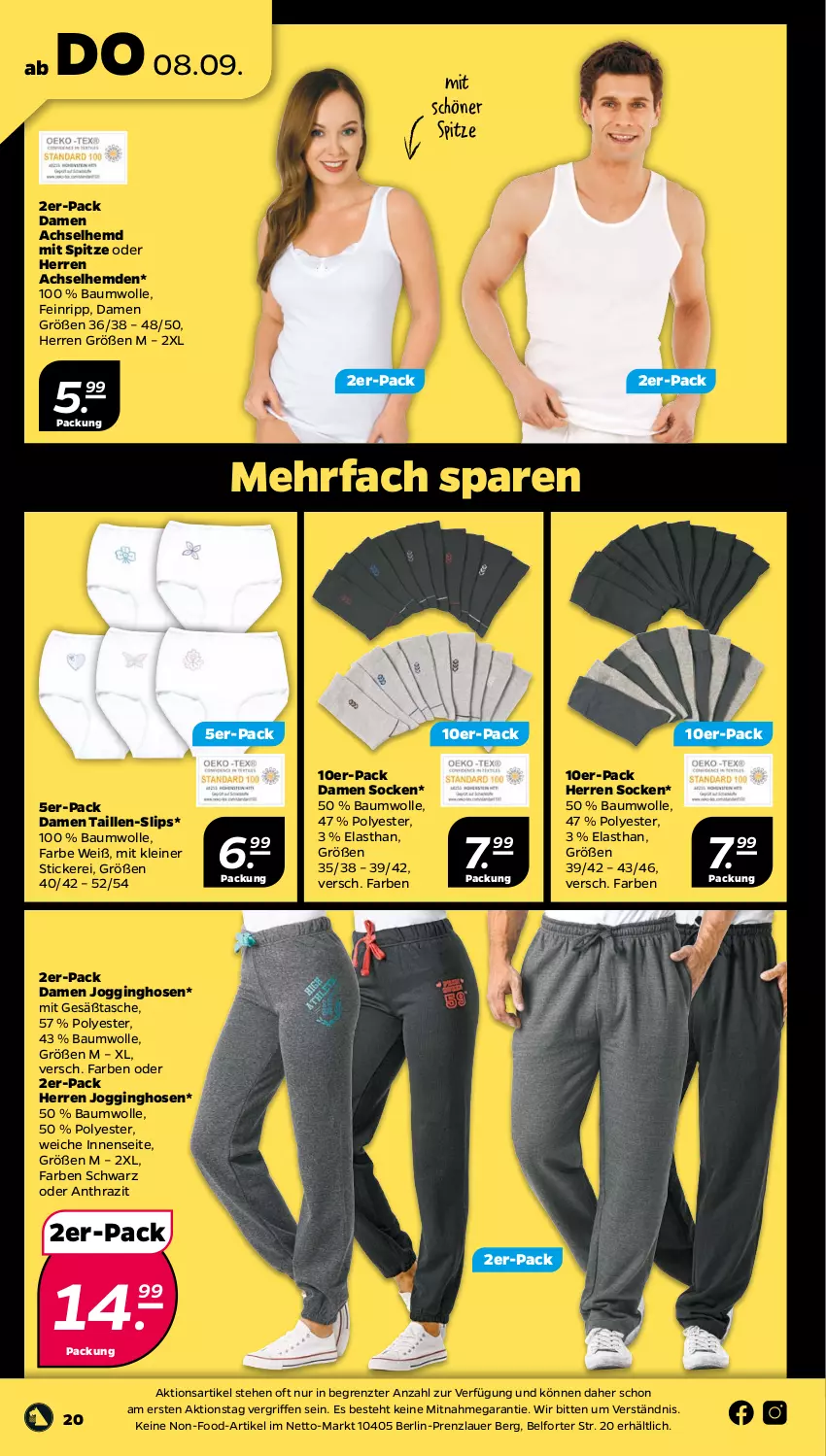 Aktueller Prospekt Netto - Woche 36 - von 05.09 bis 10.09.2022 - strona 20 - produkty: achselhemd, auer, Bau, baumwolle, gin, hemd, hemden, hose, hosen, Jogginghose, Jogginghosen, leine, slip, slips, socken, Tasche, Ti, wolle, ZTE