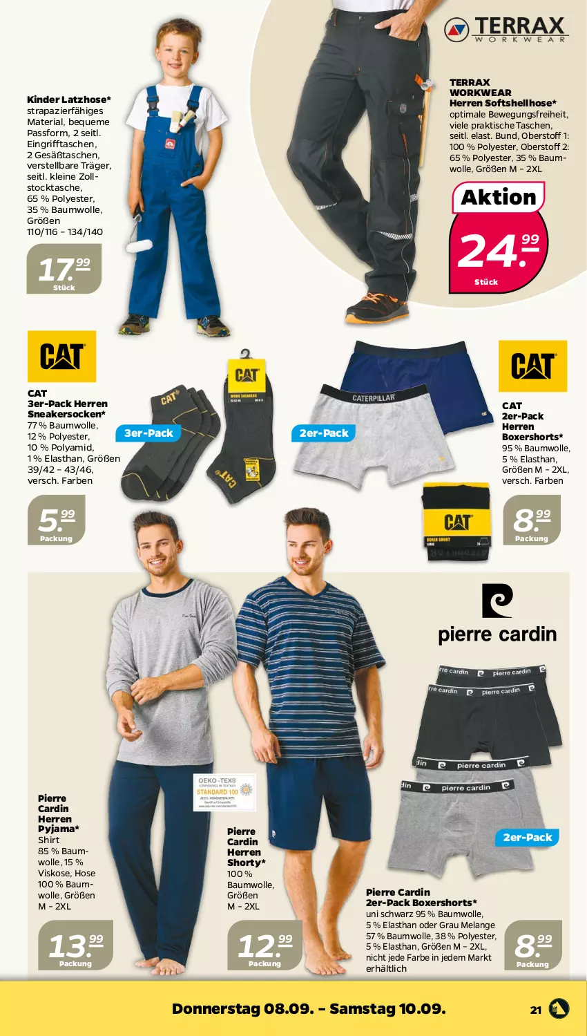 Aktueller Prospekt Netto - Woche 36 - von 05.09 bis 10.09.2022 - strona 21 - produkty: Bau, baumwolle, Elan, hose, Kinder, Latzhose, leine, Pierre Cardin, Pyjama, Ria, shirt, shorts, shorty, sneaker, sneakersocken, socken, Softshellhose, Tasche, taschen, Ti, tisch, wolle