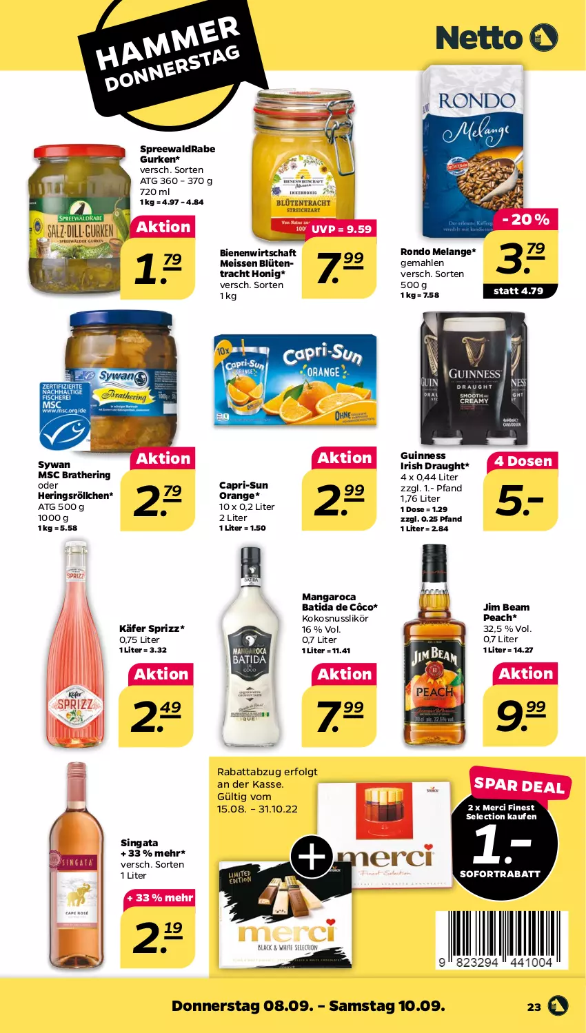 Aktueller Prospekt Netto - Woche 36 - von 05.09 bis 10.09.2022 - strona 23 - produkty: batida, batida de côco, Blüte, Cap, capri-sun, eis, Elan, Guinness, gurke, gurken, hering, Herings, honig, jim beam, käfer, kokos, kokosnuss, LG, likör, mangaroca, merci, nuss, orange, ring, sofortrabatt, Sprizz, Ti