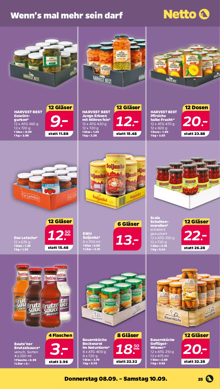 Aktueller Prospekt Netto - Woche 36 - von 05.09 bis 10.09.2022 - strona 25 - produkty: auer, Bau, Bauer, bockwurst, brut, elle, erbsen, flasche, frucht, Geflügel, gewürz, Gewürzgurke, gewürzgurken, Gläser, gurke, gurken, junge erbsen, küche, Letscho, möhren, morellen, natur, pfirsich, pfirsiche, rel, sauce, schattenmorellen, wiener, wurst, zucker